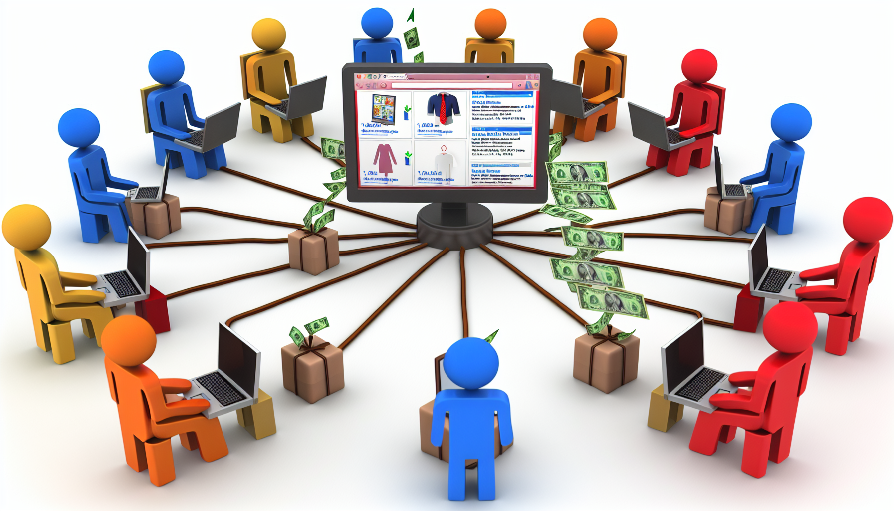 Eine informative Illustration, die das Konzept des Affiliate-Marketings als Methode zum Geldverdienen online veranschaulicht. In der Mitte des Bildes befindet sich ein Computerbildschirm, der verschiedene zum Verkauf stehende Artikel anzeigt, die mit dünnen Linien zu mehreren abstrakten Internetnutzern unterschiedlicher Herkunft und Geschlechter verbunden sind. Jeder Nutzer ist damit beschäftigt, diese Artikel auf verschiedenen Plattformen wie Blogs, sozialen Medien und E-Commerce-Websites zu bewerben. Die eingehenden Einnahmen werden symbolisch durch Münzen oder Dollar-Scheine dargestellt, die vom Monitor in eine virtuelle Geldbörse fließen. Der Prozess sollte klar und schrittweise dargestellt werden.