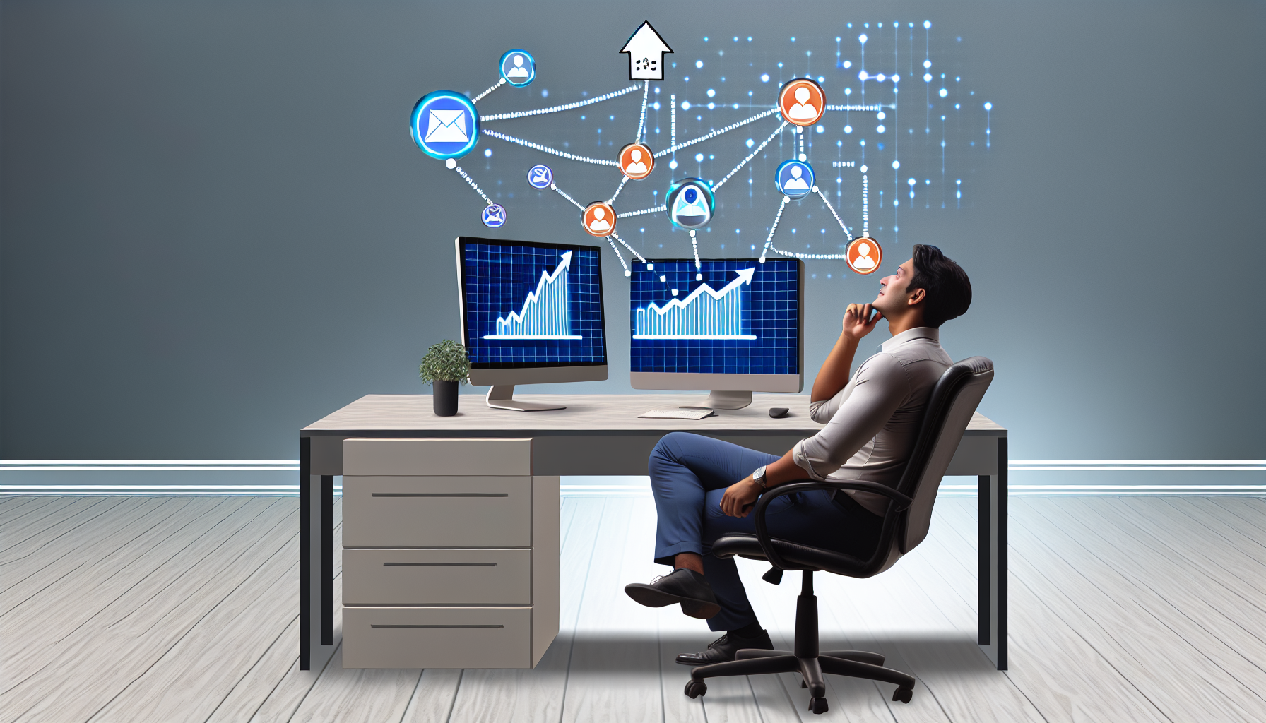 Eine Szene, die das Konzept des Affiliate-Marketings in der digitalen Welt veranschaulicht. Im Vordergrund befindet sich ein stilvoller und organisierter Computerarbeitsplatz, mit einem modernen Computer, der eine Reihe von verknüpften Symbolen anzeigt, die verschiedene Websites repräsentieren. Es sollten auch visuelle Hilfsmittel wie Pfeile vorhanden sein, die von einem Symbol zum anderen zeigen, sowie ein ansteigendes Balkendiagramm auf dem Bildschirm, um den Gewinn zu symbolisieren. Eine Person südasiatischer Abstammung sitzt auf dem Stuhl, sieht zufrieden und konzentriert aus. Er plant den nächsten Schritt und navigiert durch das komplexe Netzwerk von Verbindungen auf dem Bildschirm.