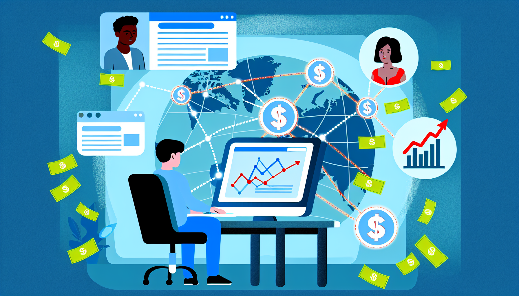 Eine illustrierte digitale Szene, die das Konzept des Geldverdienens online durch Affiliate-Marketing zeigt. Es gibt visuelle Elemente wie eine Person, die an einem Computer sitzt und über das Web mit verschiedenen Partnern verbunden ist, symbolisiert durch eine Grafik eines globalen Netzwerks. Der Bildschirm zeigt Diagramme mit wachsenden Gewinnen, und der Laptop ist von herumfliegenden Dollar-Scheinen umgeben, um die Einnahmen zu verdeutlichen. Achten Sie darauf, vielfältige Charaktere einzubeziehen, wie einen südasianischen Mann und eine schwarze Frau, die sich mit Affiliate-Marketing beschäftigen.