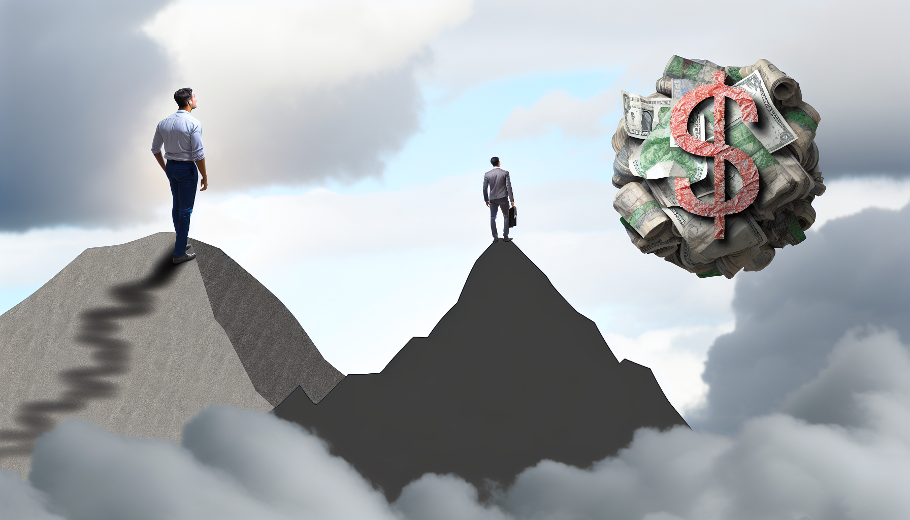 Eine metaphorische Darstellung hoher Schulden. Stellen Sie sich eine Person vor, die am Fuße eines Berges steht, wobei der Berg ihre Schulden symbolisiert. Der Berg besteht aus zerknüllten Geldscheinen und Münzen und scheint unüberwindbar. Die Person am Fuß des Berges, lässig gekleidet, blickt mit einem hoffnungsvollen, aber besorgten Ausdruck auf den Weg, der zum Gipfel führt. Rundherum ist der Himmel bewölkt, was ein Element von Herausforderung und Besorgnis hinzufügt.