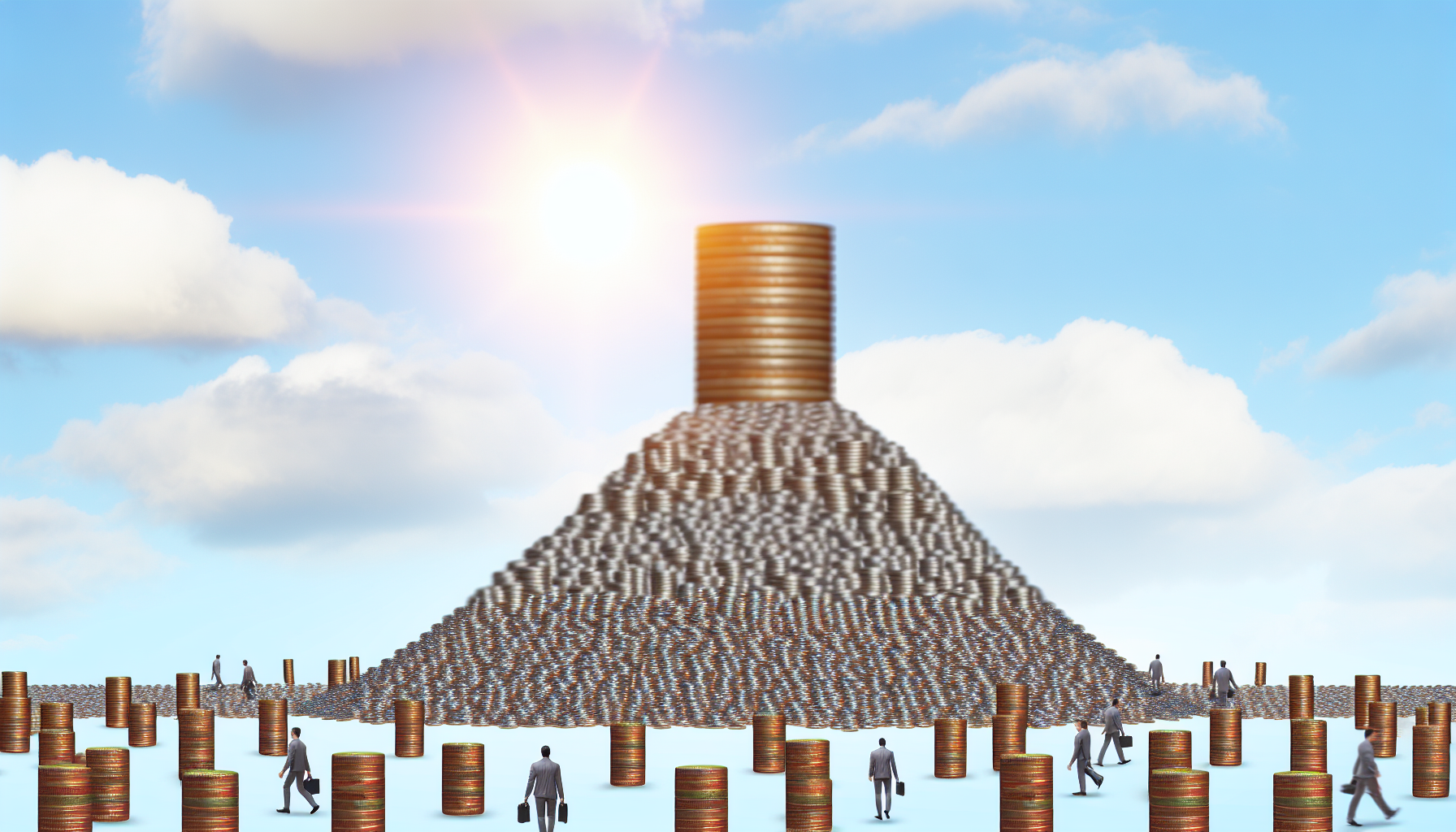 Eine Visualisierung des Konzepts der Schuldenreduzierung. Ein massiver Berg aus Münzen, der an Größe abnimmt, umgeben von winzigen menschlichen Figuren, die die Münzen wegtragen. Die Figuren symbolisieren die Bemühungen um finanzielle Stabilität. Der Himmel ist hell und hoffnungsvoll, was potenzielles Wachstum und Fortschritt symbolisiert.