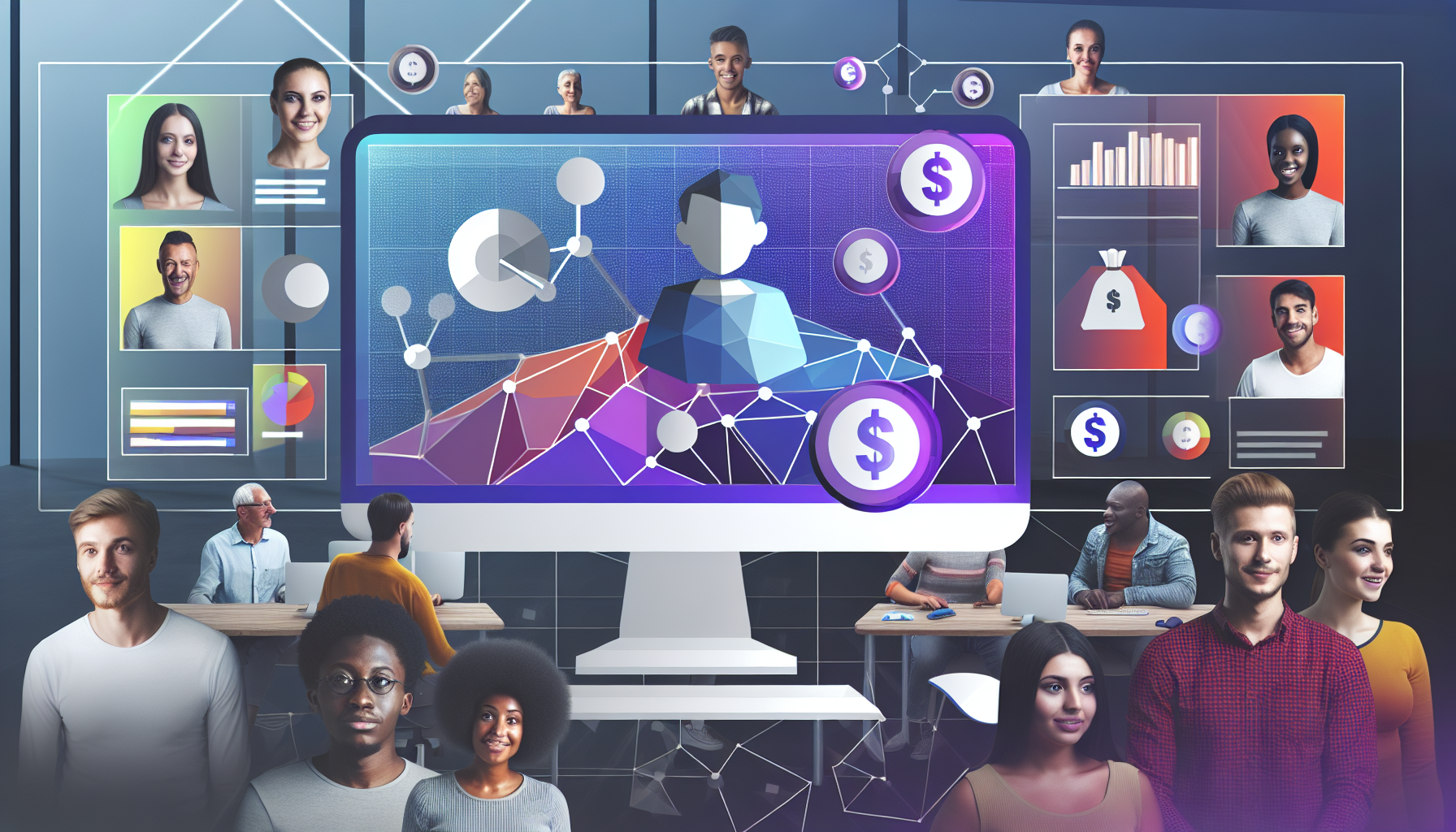 Ein illustratives digitales Designkonzept, das den Prozess des Online-Verdienens durch Affiliate-Marketing zeigt. Die Szene umfasst einen Computerbildschirm mit einer abstrakten, geometrischen Benutzeroberfläche, die Grafiken, Diagramme und Währungssymbole anzeigt. Im Vordergrund sind verschiedene Personen unterschiedlicher Geschlechter und Abstammungen, darunter Kaukasier, Hispanics und Schwarze, mit verschiedenen Aufgaben im Zusammenhang mit Affiliate-Marketing beschäftigt, wie z. B. das Analysieren von Grafiken, das Bewerben von Produkten und das Empfangen von Provisionen. Sie wirken zufrieden und spiegeln das potenzielle Profitabilität dieses Unterfangens wider.