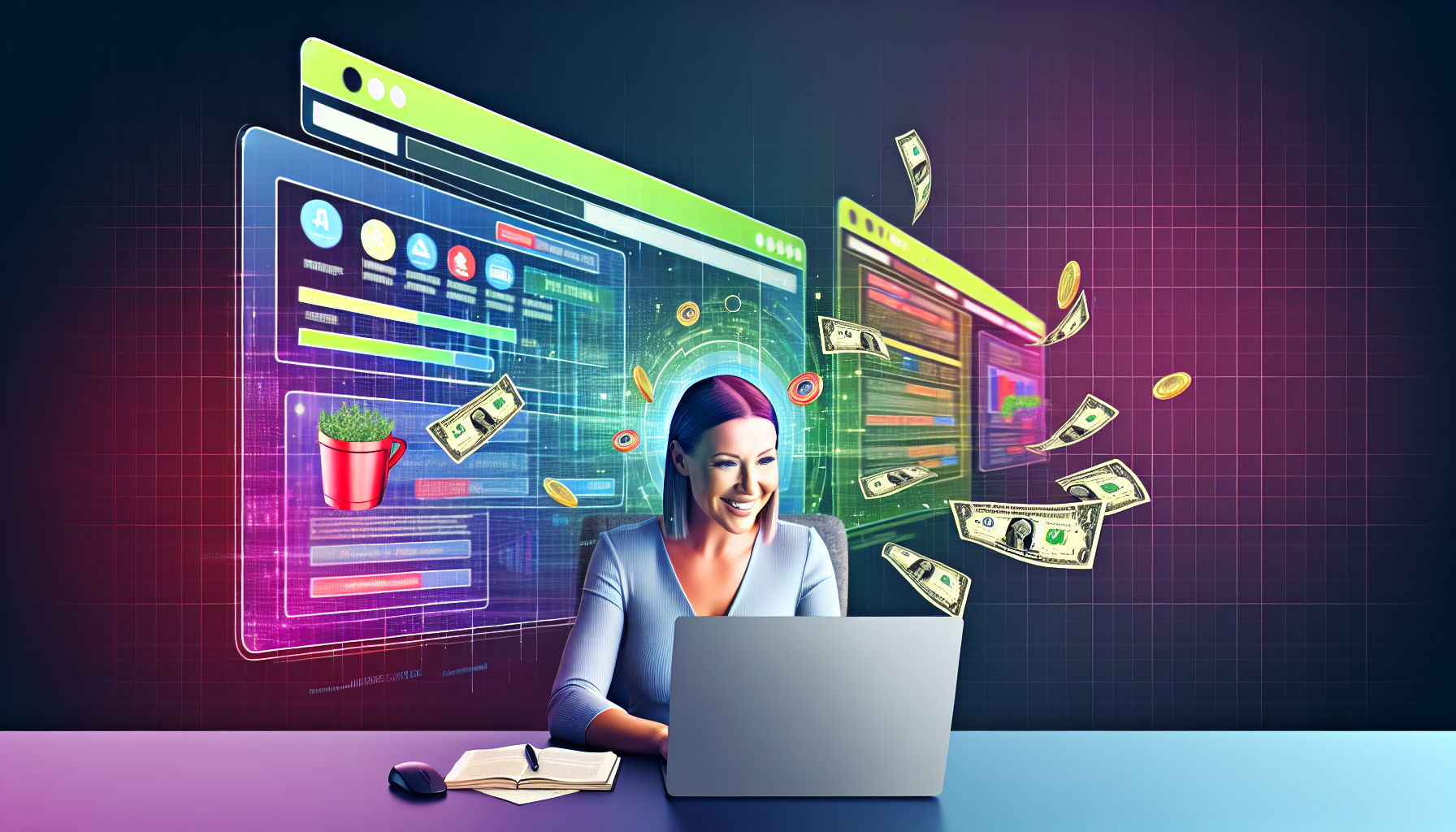 Ein illustratives Bild, das das Konzept des Geldverdienens online durch Affiliate-Marketing zeigt. Die Szene zeigt eine kaukasische Frau, die an einem eleganten, modernen Schreibtisch sitzt, ihren Laptop bedient und lächelt, während sie ihre wachsenden Einnahmen aus dem Affiliate-Marketing auf einem lebhaften grafischen Dashboard überprüft. Über ihrem Bildschirm schweben mehrere Website-Icons und Bilder von Affiliate-Produkten als Darstellungen ihrer Online-Partner. Um sie herum fliegen verschiedene Geldscheine und Münzen, die subtil den finanziellen Aspekt hervorheben. Das Thema ist optimistisch, professionell und positiv und betont die potenziellen Vorteile des Affiliate-Marketings.