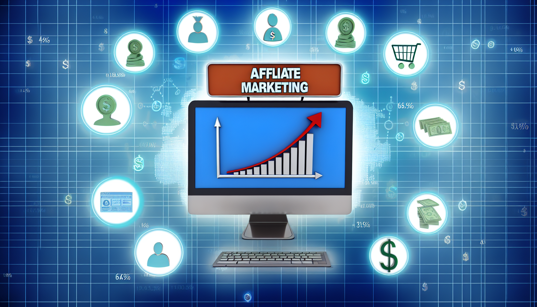 Eine Illustration, die das Konzept des Geldverdienens online durch Affiliate-Marketing darstellt. In der Mitte des Bildes befindet sich ein Computer mit einem Bildschirm, der ein Balkendiagramm zeigt, das allmählich ansteigt, um steigende Gewinne darzustellen. Um den Computer herum sind verschiedene Internet-Icons, wie ein Einkaufswagen und ein Benutzer-Avatar, angeordnet. Es gibt auch Dollarzeichen, um die Einkommensgenerierung zu symbolisieren. Oben sind die Worte 'Affiliate-Marketing' fett geschrieben, um das Thema des Bildes zu unterstreichen.