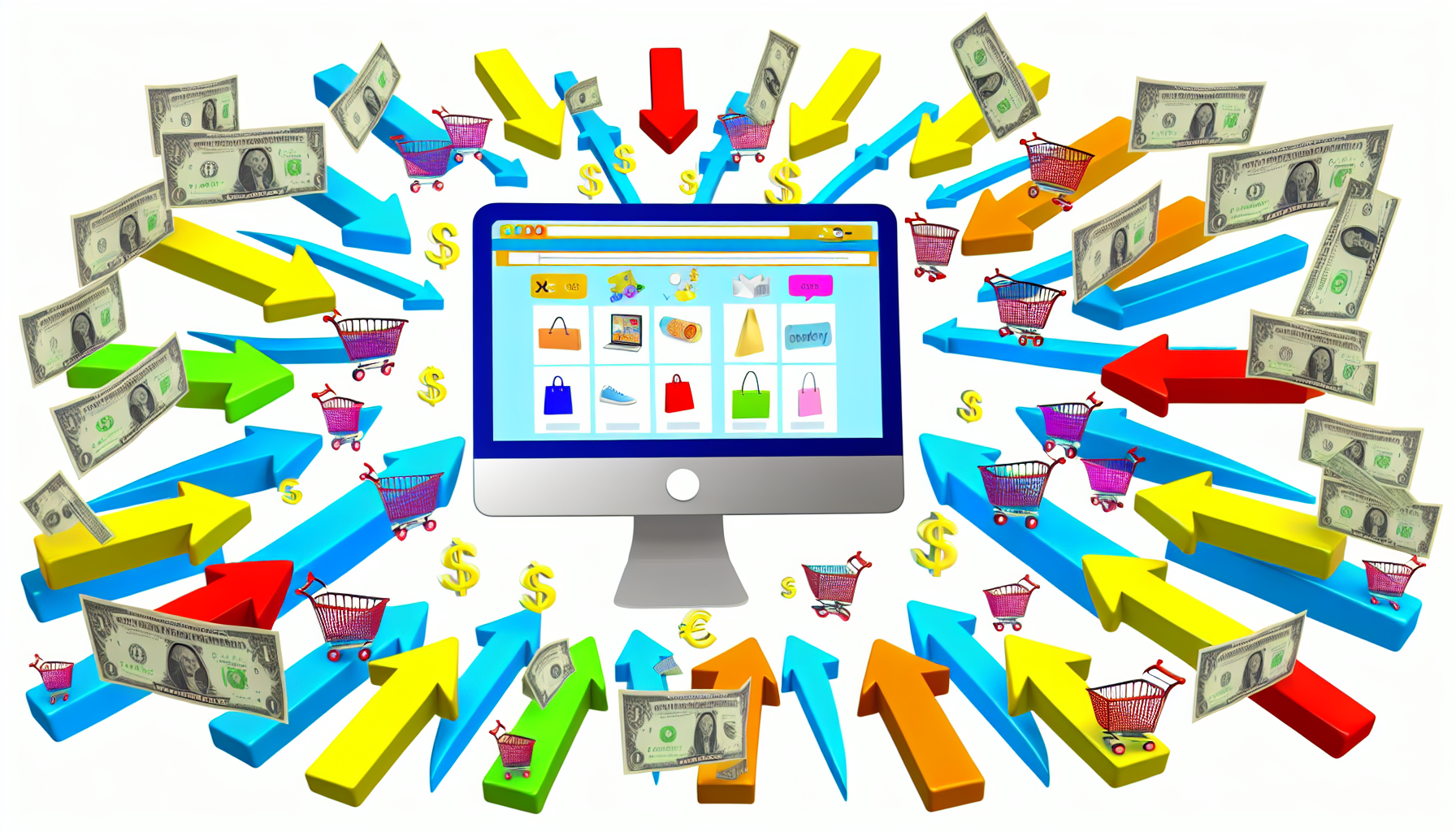 Eine illustrative Darstellung des Konzepts, online Geld zu verdienen durch Affiliate-Marketing. Zeigen Sie einen Desktop-Computer mit einer E-Commerce-Website auf dem Bildschirm, zahlreichen Produktbildern und Einkaufswagen. Verschiedene Pfeile sollten nach außen vom Computerbildschirm zu kleinen Schildern zeigen, die verschiedene Währungen darstellen. Es sollte den Eindruck vermitteln, dass Geld verdient wird, indem Traffic vom Computer zu verschiedenen Produkten geleitet wird. Zeigen Sie auch verschiedene Menschen unterschiedlicher Herkunft und Geschlechter, die begeistert auf diese Produkte zeigen und klicken. Die Farbpalette sollte lebhaft sein und die aufregende Welt des Online-Geschäfts repräsentieren.