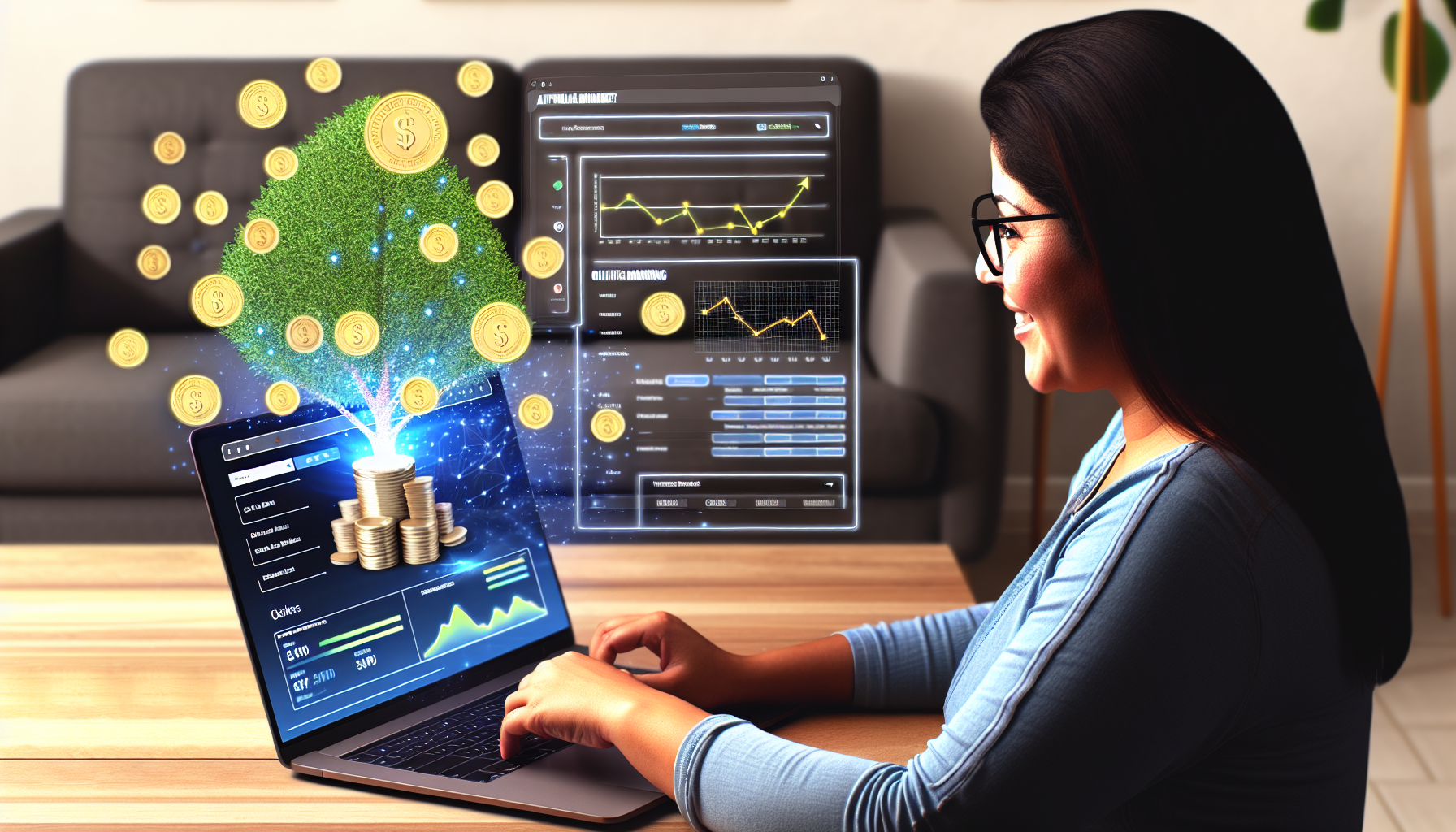 Eine visuelle Darstellung von jemandem, der online durch Affiliate-Marketing Geld verdient. Das Bild zeigt eine hispanische Frau, die an einem Homeoffice sitzt, mit einem offenen Laptop. Verschiedene Browser-Tabs zeigen die Websites unterschiedlicher Unternehmen. Auf dem Bildschirm des Laptops sind Grafiken und Statistiken zu sehen, die den Fortschritt ihrer Affiliate-Marketing-Kampagnen demonstrieren. Ein wachsender digitaler Baum, der aus vielen kleinen Münzen und Banknoten besteht, erhebt sich aus dem Laptop und symbolisiert die Einnahmen, die durch ihre Online-Bemühungen generiert werden.