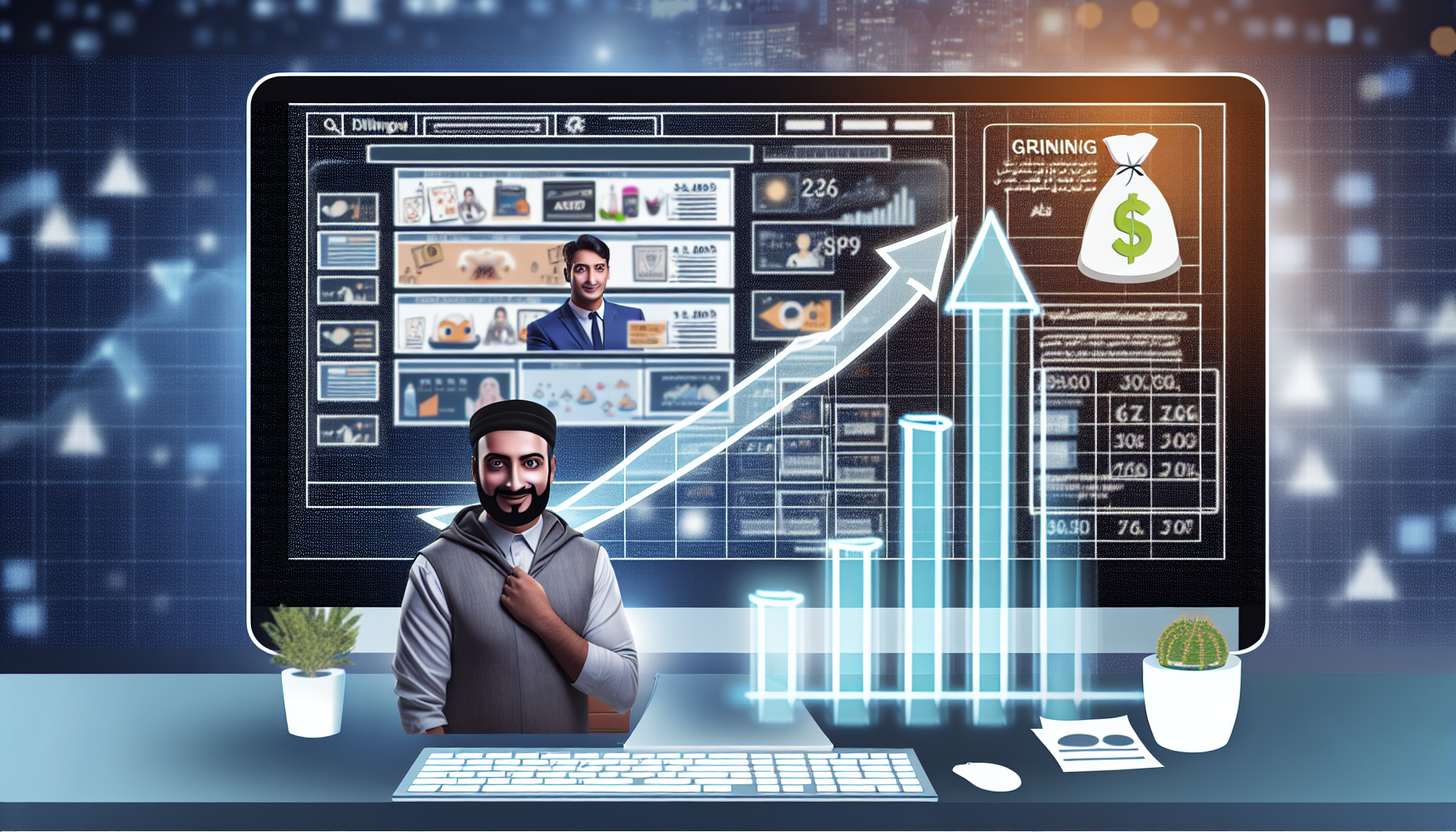 Ein Bild, das das Konzept des Geldverdienens online durch Affiliate-Marketing darstellt. Auf dem Computerbildschirm sind verschiedene Produktanzeigen und Analysedaten zu sehen. Außerdem gibt es ein illustriertes Balkendiagramm mit steigenden Linien, das zunehmende Einnahmen repräsentiert. Zusätzlich ist eine Geschäftsperson mit mittlerer östlicher Abstammung abgebildet, die zur Szene beiträgt, indem sie die Marketingoperationen mit einem engagierten Ausdruck im Gesicht leitet. Die Atmosphäre des Bildes sollte positiv und motivierend sein und Wachstum sowie Erfolg im Bereich Online-Marketing symbolisieren.