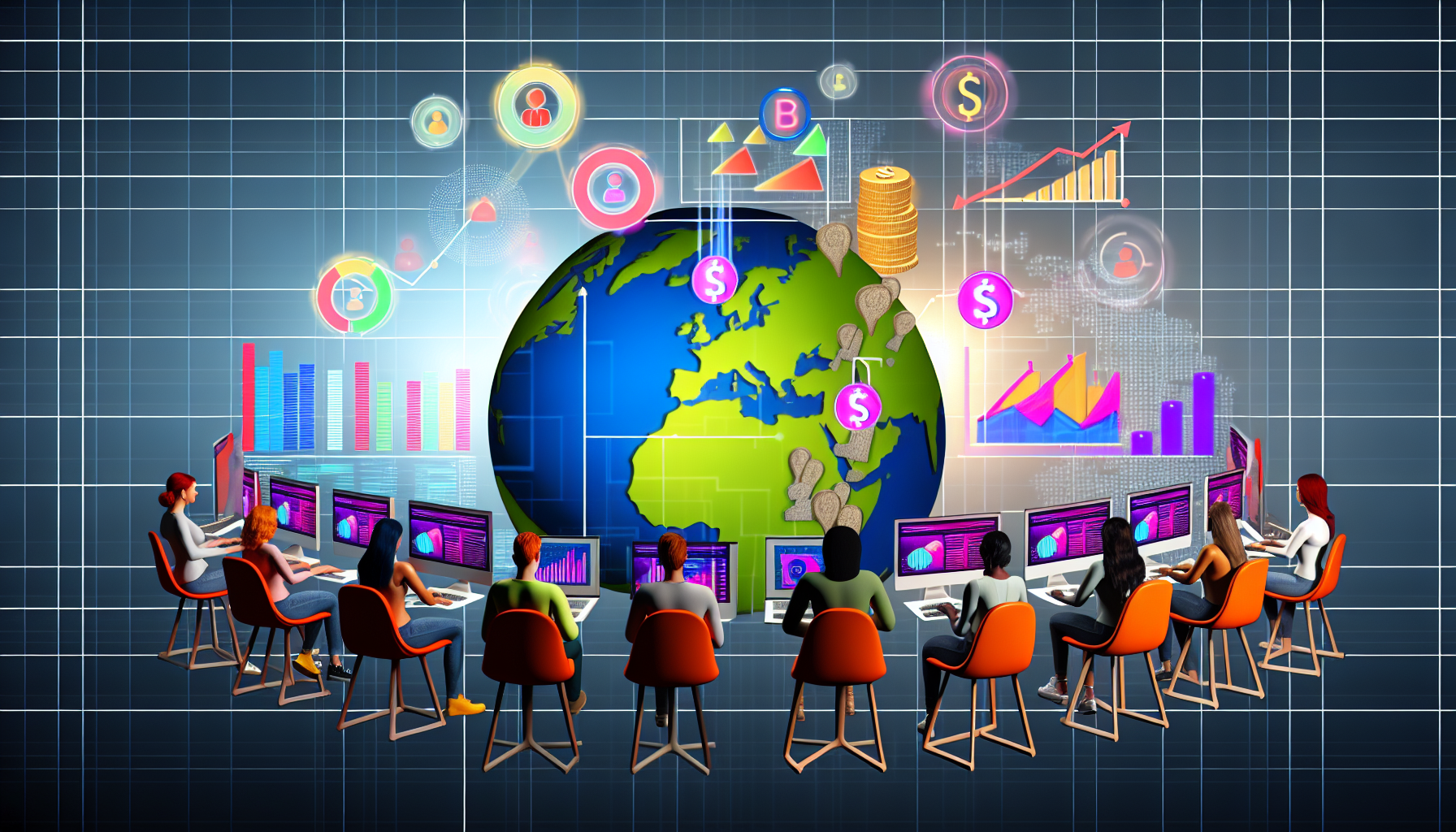 Eine Illustration, die das Konzept des Online-Affiliate-Marketings zeigt. Darstellen Sie eine visuell vielfältige Gruppe von Menschen rund um den Globus, die vor ihren Computern sitzen und sich mit verschiedenen Aktivitäten im Zusammenhang mit Affiliate-Marketing beschäftigen. Zeigen Sie Diagramme und Analysen auf den Bildschirmen, die Daten zu Online-Verkäufen und Provisionen darstellen. Außerdem sollten einige beliebte digitale Marketing-Tools und Symbole im Hintergrund angedeutet werden. Ein Wohlstandssymbol, wie eine Münze, das das Potenzial für das Verdienen von Geld online anzeigt.