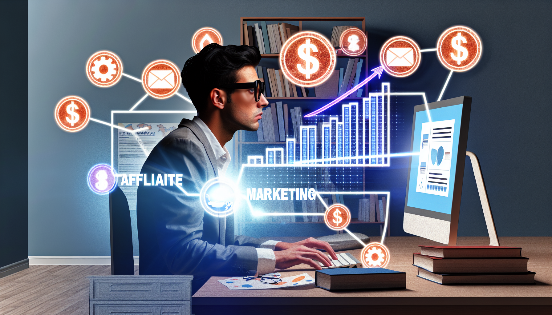 Eine digitale Illustration, die das Konzept des Geldverdienens online durch Affiliate-Marketing zeigt. Die Szene zeigt eine fokussierte Person europäischer Abstammung, die in einem Homeoffice an einem Computer arbeitet. Rundherum sind Bulletins, Grafiken und Symbole, die mit Affiliate-Marketing in Verbindung stehen, wie Links, Dollarzeichen und Einkaufswagen, verstreut. Der Bildschirm leuchtet mit einem Diagramm, das einen Wachstumstrend zeigt. Hinter der Person steht ein Bücherregal, das mit Büchern über digitales Marketing gefüllt ist. Die Szene vermittelt ein Gefühl von Ehrgeiz, Organisation und Hingabe, die Feinheiten der Online-Einkommensgenerierung zu verstehen.