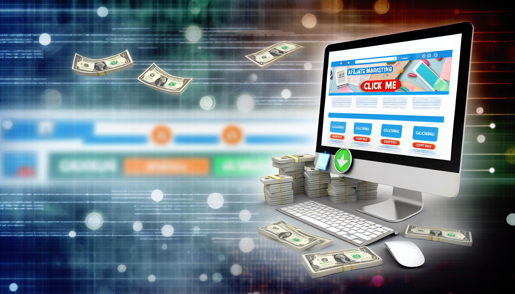 Stellen Sie sich das Konzept des Geldverdienens online durch Affiliate-Marketing vor. Visualisieren Sie eine hochdetaillierte Komposition, die einen Computer zeigt, auf dem verschiedene Webseitenfenster geöffnet sind, alle mit verlockenden 'Klick mich'-Schaltflächen. Auf dem Schreibtisch neben dem Computer liegen Stapel von Dollarnoten, die das erzielte Einkommen repräsentieren. Der Hintergrund sollte eine Mischung aus Internetsymbolen und trendigen Artikeln enthalten, die mit beliebten Affiliate-Marketing-Produkten in Verbindung stehen. Gestalten Sie diese Szene mit einer hellen, professionellen und motivierenden Atmosphäre.