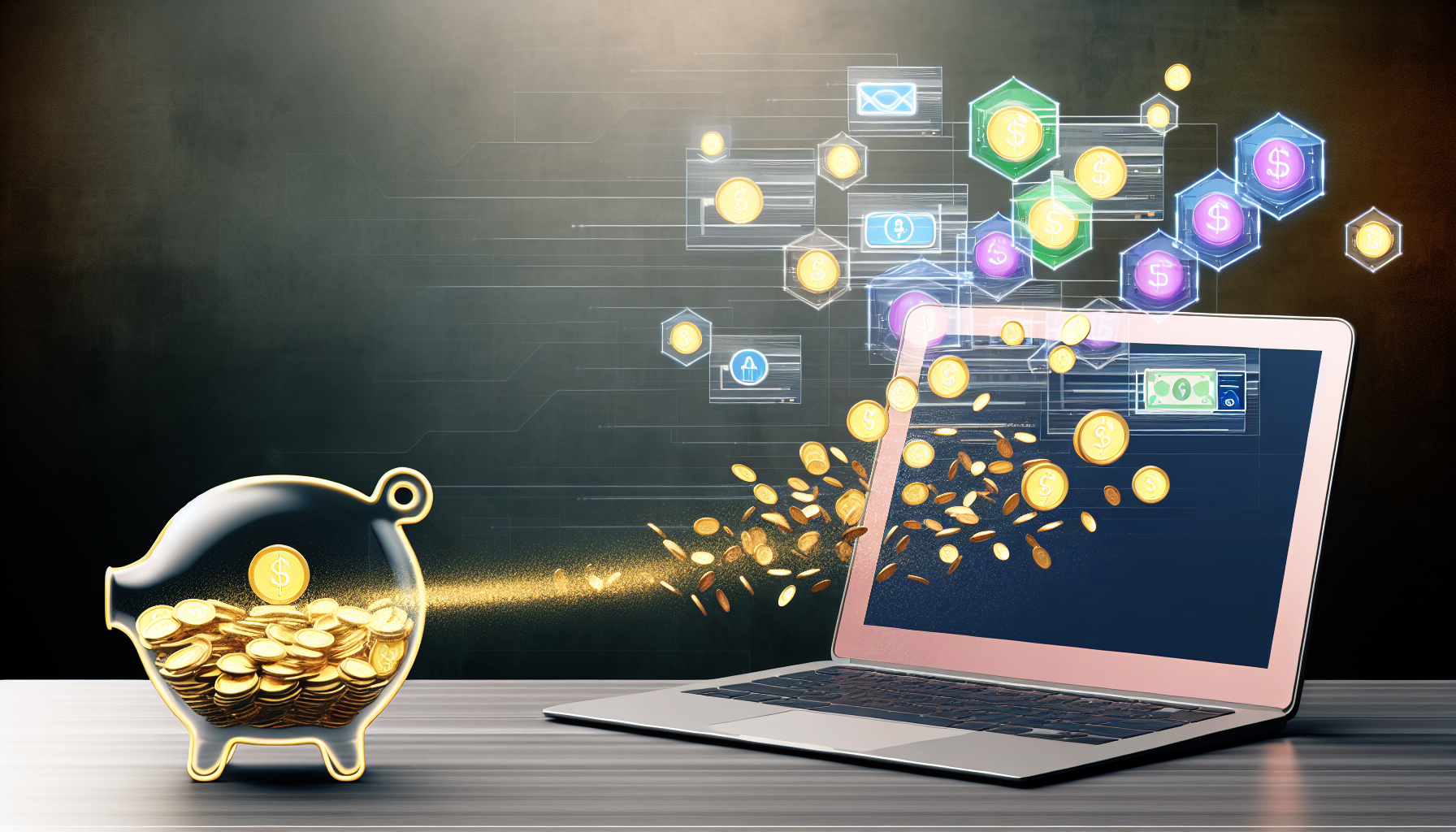 Ein digitales Konzeptkunstwerk, das den Prozess des Geldverdienens online durch Affiliate-Marketing zeigt. Das Bild zeigt einen Laptop auf einem Tisch, von dem mehrere digitale Symbole, die Affiliate-Marketing repräsentieren, vom Bildschirm schweben. Die Symbole könnten ein Klickrate-Icon, ein Geldzeichen und ein Benutzerengagement-Icon umfassen. Ein kontinuierlicher Fluss kleiner goldener Münzen wird dargestellt, der vom Bildschirm des Laptops in ein transparentes Sparschwein fließt, das neben dem Laptop platziert ist und die Ansammlung von Einnahmen symbolisiert.