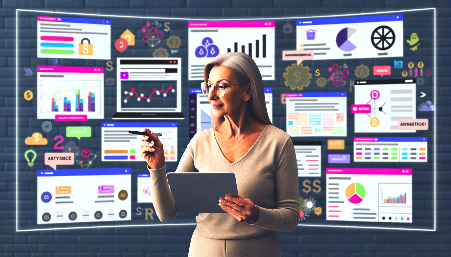 Erstellen Sie eine detaillierte visuelle Darstellung des Geldverdienens online durch Affiliate-Marketing. Stellen Sie sich einen gut organisierten Arbeitsplatz vor, an dem mehrere Bildschirme verschiedene Arten von Analysen und Fortschrittsdiagrammen anzeigen. Am Rand der Bildschirme sollten die Logos von beliebten E-Commerce-Plattformen sichtbar sein. In der Mitte befindet sich eine mittelalte kaukasische Frau, die konzentriert arbeitet und erfolgreiche Affiliate-Partnerschaften auf einem digitalen Pad hervorhebt. Im Hintergrund könnte ein virtuelles schwarzes Brett zu sehen sein, das mit Notizen, Plänen und Ideen zu Strategien im Affiliate-Marketing gefüllt ist. Achten Sie darauf, dass das Bild eine Mischung aus moderner Technologie und traditionellem Notizen zeigt, um einen organisierten und analytischen Ansatz für das Affiliate-Marketing zu betonen.