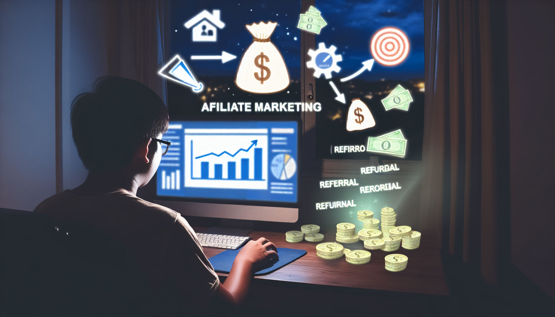 Erstellen Sie ein Bild, das das Konzept des Geldverdienens online durch Affiliate-Marketing darstellt. Zeigen Sie eine Szene mit einer Person, die an einem Schreibtisch sitzt, mit einem Computer, dessen Bildschirm Grafiken und Daten zu Verkäufen und Marketing anzeigt. Im Raum sollten Symbole des Affiliate-Marketings dargestellt werden, einschließlich Empfehlungs-Icons und verwandten Internetsymbolen. Münzen und Geldscheine sollten aus dem Computerbildschirm hervortreten, um die Einnahmen darzustellen. Es ist Nacht, und ein angenehmes Licht beleuchtet den Schreibtischbereich. Die Person am Schreibtisch ist ein Mann aus Südostasien.