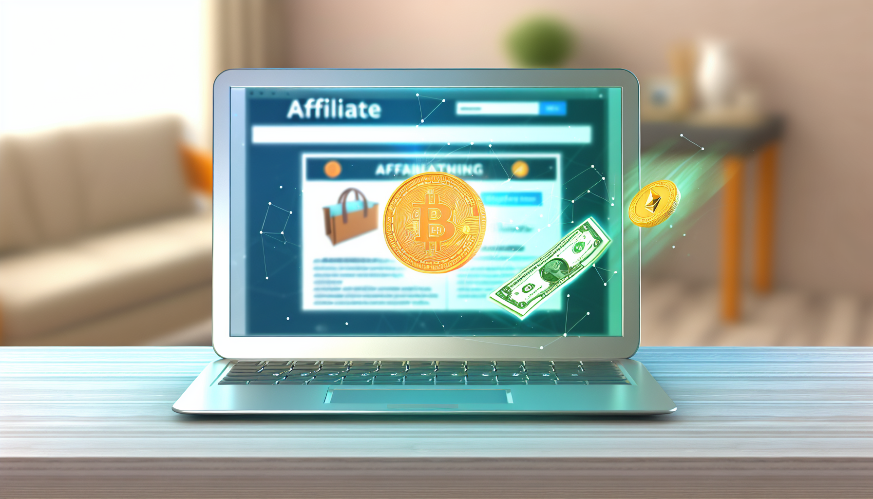 Eine illustrative Darstellung, die das Konzept des Geldverdienens online durch Affiliate-Marketing veranschaulicht. Stellen Sie sich einen modernen Laptop mit einem lebhaften Bildschirm vor, der eine Webseite mit Produktanzeigen und Affiliate-Links zeigt. Währungen, möglicherweise in digitaler Form wie das Bitcoin- oder Ethereum-Symbol, schweben aus dem Bildschirm und deuten auf Einkommen hin. Der Hintergrund kann ein einfaches Home-Office-Setup sein, das den Komfort des Arbeitens von zu Hause aus anzeigt.