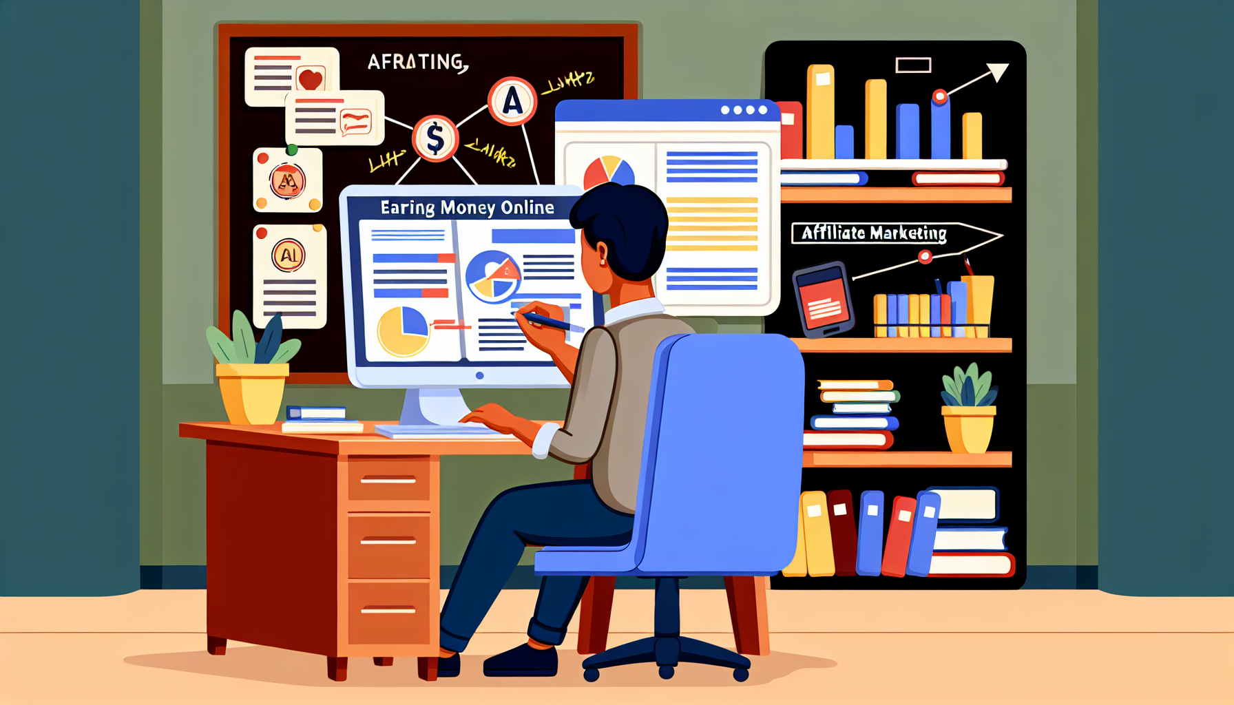 Eine detaillierte Darstellung des Geldverdienens online durch Affiliate-Marketing. Die Szene zeigt eine Person südasiatischer Abstammung an einem Schreibtisch mit einem Computer, auf dem eine Affiliate-Marketing-Website angezeigt wird. Sie führt Recherchen durch und macht sich Notizen. Verschiedene Diagramme und Grafiken, die Leistungskennzahlen und Anzeichen erfolgreicher Kampagnen darstellen, sind sichtbar. Im Hintergrund befinden sich Bücherregale mit Marketingbüchern und ein Pinnwand mit Strategien und Tipps.