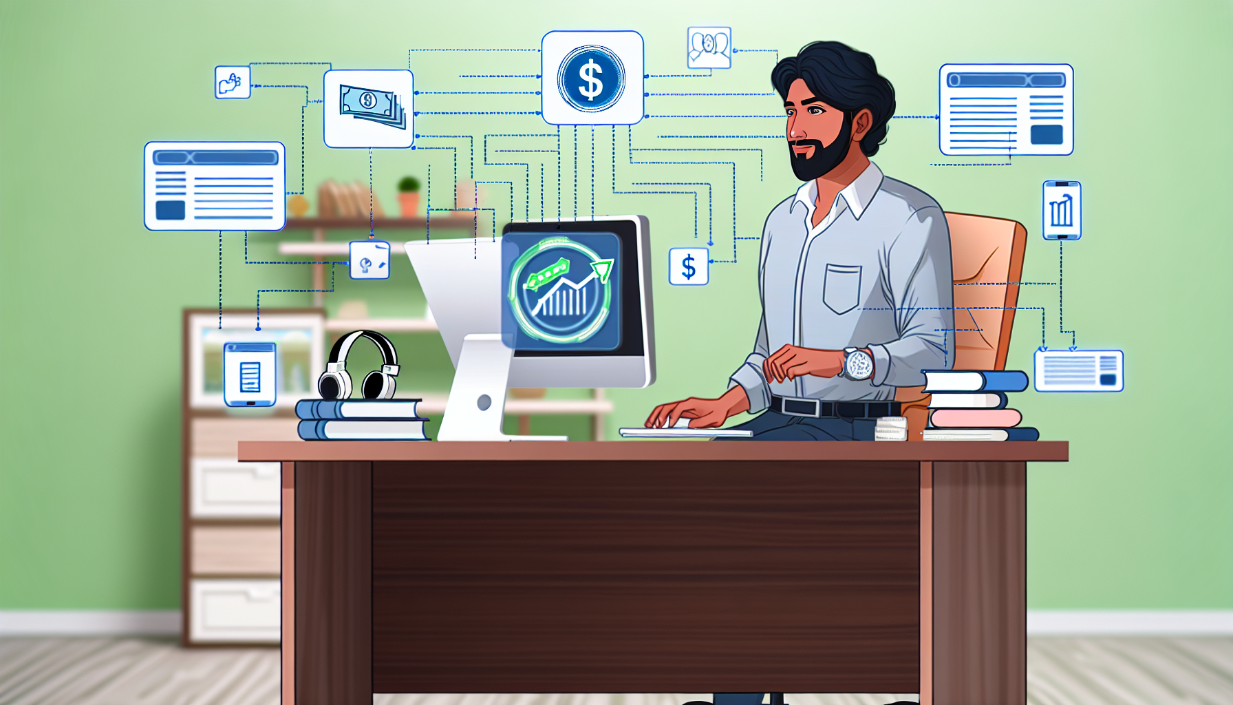 Stellen Sie das Konzept des Geldverdienens online durch Affiliate-Marketing dar. Zeigen Sie eine Person, die an einem Computer sitzt, mit digitalen Netzwerken, die verschiedene Produkte auf dem Bildschirm verbinden. Die Person sollte ein mittelöstlicher Mann in Business-Casual-Kleidung sein, der an einem Schreibtisch zu Hause arbeitet. Im Raum sind einige Artikel zu sehen, die über Affiliate-Links gekauft wurden, wie ein Buch, Kopfhörer und eine Kaffeemaschine. Auf dem Computerbildschirm sollte eine Fortschrittsanzeige dargestellt werden, die zu einem Dollarzeichen führt, um das Einkommen aus dem Affiliate-Marketing zu symbolisieren.