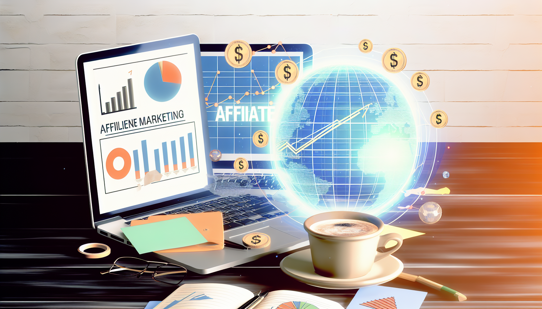 Eine visuell ansprechende Szene, die das Konzept des Geldverdienens online durch Affiliate-Marketing darstellt. Stellen Sie sich einen organisierten, modernen Arbeitsplatz vor, an dem ein Laptop einen erfolgreichen digitalen Marketing-Chart anzeigt, daneben eine Tasse Kaffee und einige motivierende Notizen. Neben dem Laptop steht ein Globus, der die globale Reichweite symbolisiert. Auf dem Bildschirm des Laptops ist eine grafische Darstellung des Umsatzwachstums zu sehen, und in einer anderen Ecke befindet sich eine Social-Media-Seite, die verschiedene Produkte bewirbt. Die gesamte Szene repräsentiert die globale Natur des Affiliate-Marketings und das Potenzial, das es für die Generierung von Online-Einkommen bietet.