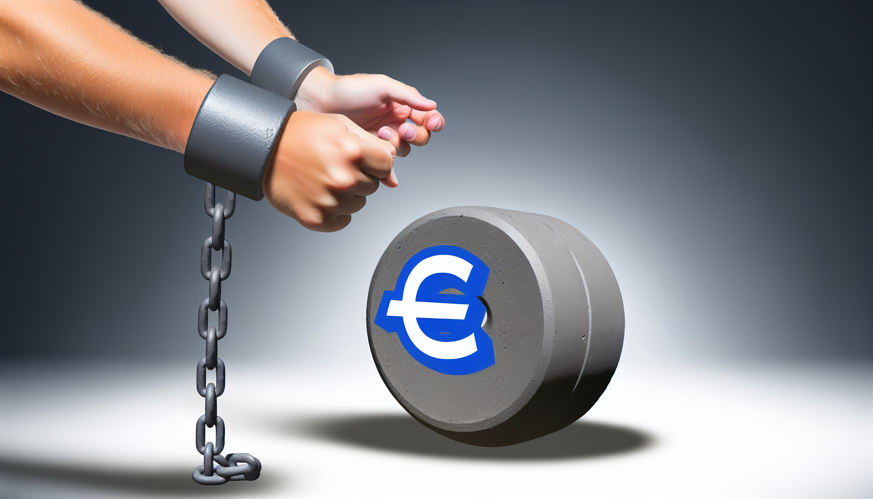 Eine Visualisierung, in der das Konzept hoher Schulden dargestellt wird. Ein Paar kaukasischer Männerhände ist an einem riesigen Gewicht gefesselt, das mit dem Symbol der Euro-Währung bemalt ist, was den Kampf und die schwere finanzielle Belastung anzeigt.