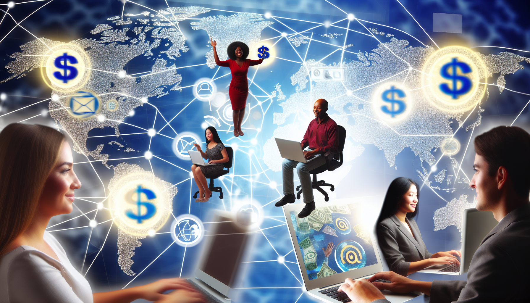 Stellen Sie sich ein Konzeptbild vor, das das Online-Geldverdienen durch Affiliate-Marketing darstellt. Das Bild zeigt eine digitale Landschaft mit Symbolen wie Dollarzeichen, Internetverbindungen und Marketing-Symbolen. Außerdem ist eine vielfältige Gruppe von Menschen abgebildet, die jeweils an ihren Computern Aufgaben ausführen. Eine Person könnte eine afroamerikanische Frau sein, die fleißig Verbindungen knüpft, ein anderer könnte ein asiatischer Mann sein, der in die Internetwelt eintaucht, und es könnte auch eine mittelöstliche Frau geben, die digitale Strategien bewertet. Um den globalen Umfang des Affiliate-Marketings zu verdeutlichen, sollte im Hintergrund eine abstrakte Darstellung der Weltkarte zu sehen sein.