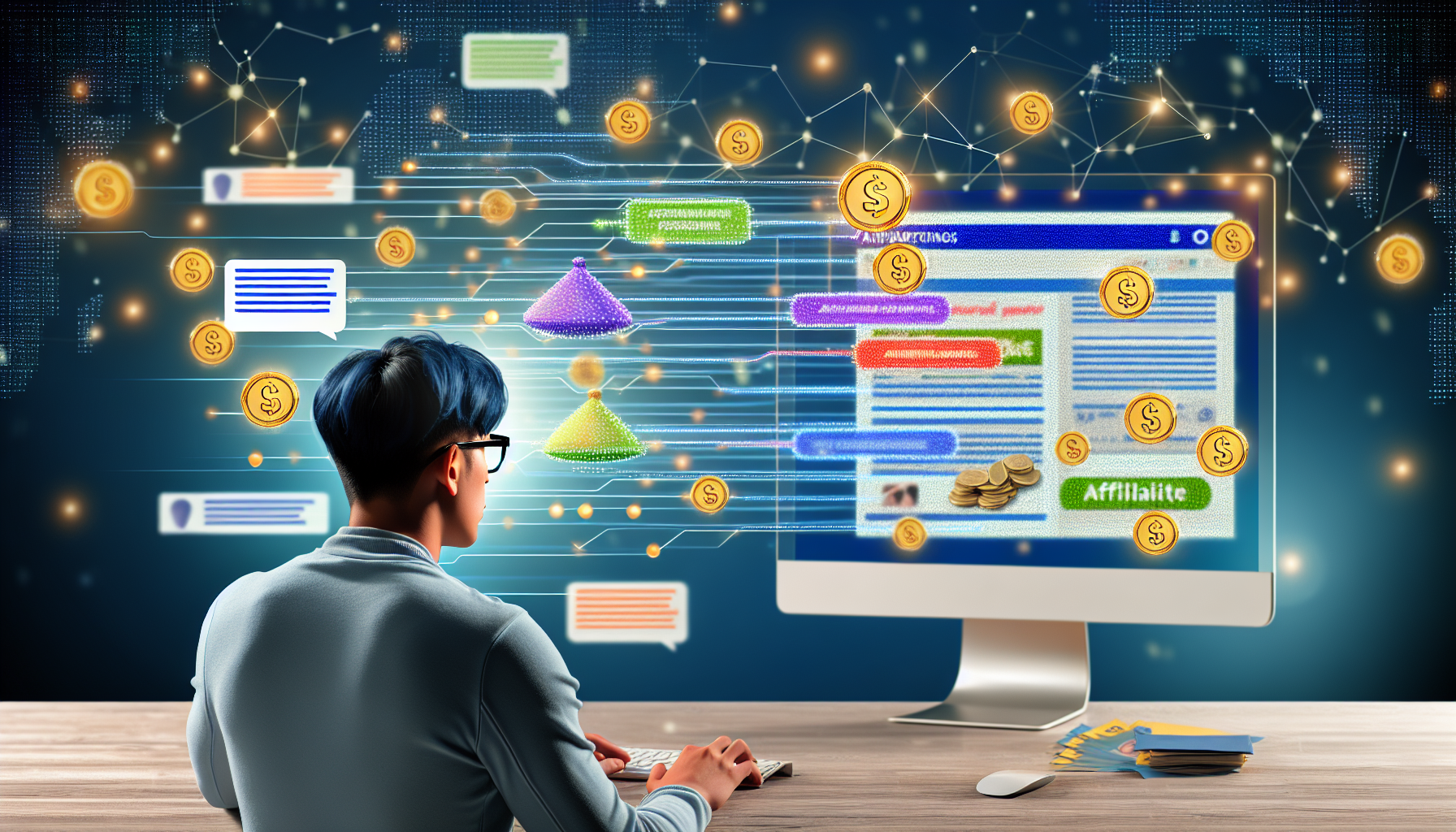 Eine bildliche Darstellung des Konzepts des Affiliate-Marketings als Möglichkeit, online Geld zu verdienen. Im Vordergrund arbeitet eine Person asiatischer Abstammung fleißig an ihrem Computer und gestaltet ansprechende Banner und Anzeigen. Auf ihrem Bildschirm sind verschiedene attraktive Angebote und Rabattblasen sichtbar. Der Hintergrund zeigt digitale Wellen, die die Internetverbindung symbolisieren, und verstreut sind Münzen, die die Online-Einnahmen repräsentieren. Es gibt einen Informationsfluss vom Computer zu verschiedenen anderen digitalen Geräten, der die Verbreitung von Affiliate-Links symbolisiert.
