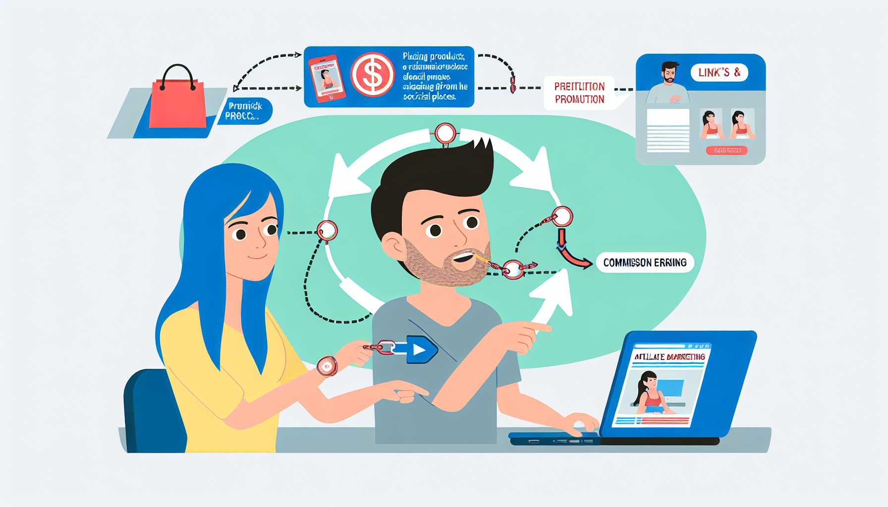 Eine visuelle Darstellung des Online-Prozesses des Affiliate-Marketings. Eine kreative Illustration zeigt einen kaukasischen männlichen Affiliate-Marketer an seinem Laptop, der ein Produkt oder eine Dienstleistung auf seinem Blog oder seiner Social-Media-Seite bewirbt. Er platziert Links oder Anzeigen an strategischen Stellen und verdient einen Prozentsatz der Verkäufe, die durch seine Bemühungen generiert werden. Auf der anderen Seite ist eine hispanische weibliche Verbraucherin, die auf den Link geklickt hat und nun das Produkt von der beworbenen Website kauft. Sie sind durch ein Flussdiagramm verbunden, das den Prozess von der Produktwerbung bis zum Verdienen von Provisionen anzeigt.