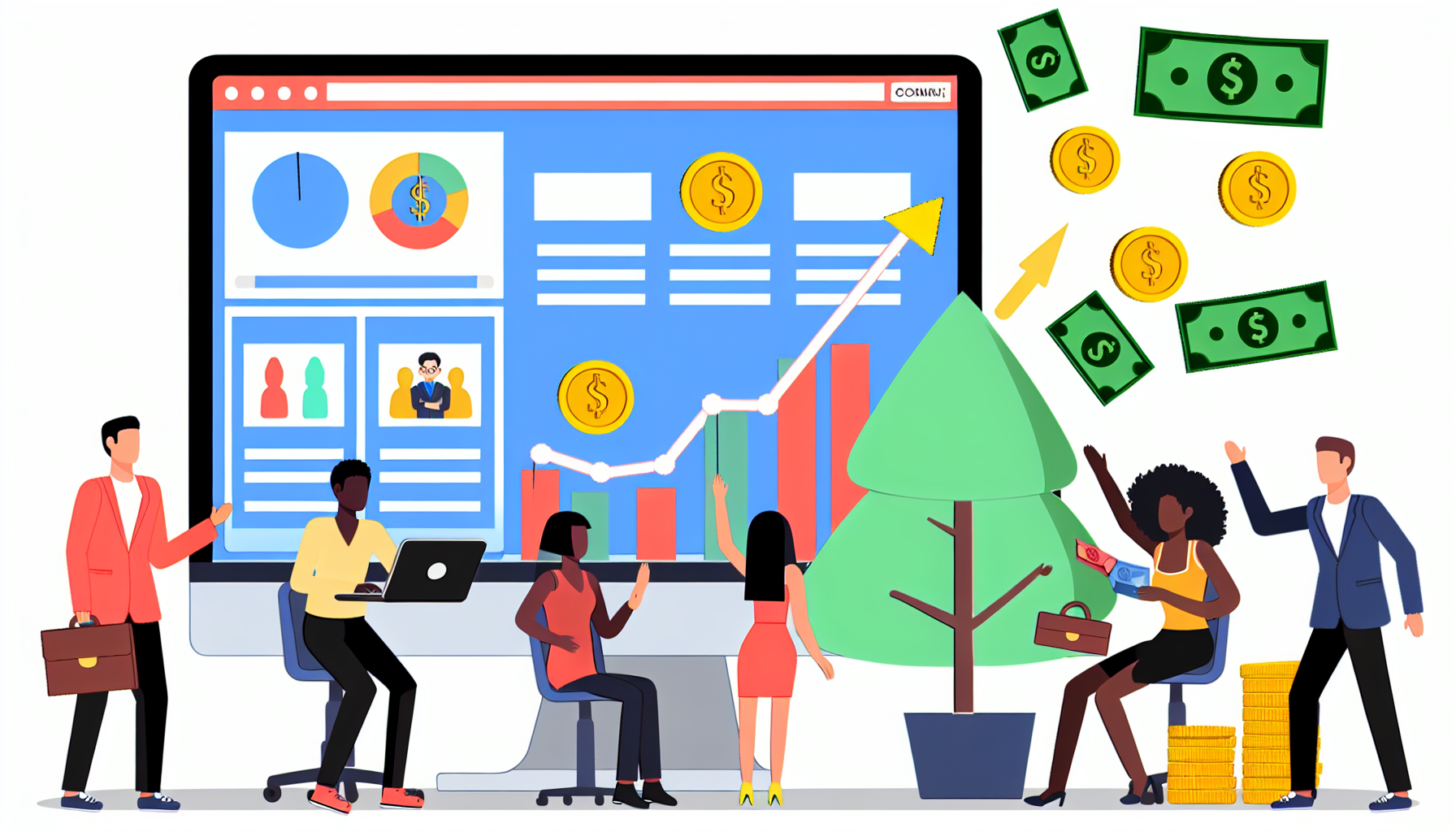 Eine Darstellung des Konzepts, online Geld zu verdienen durch Affiliate-Marketing. Ein Computerbildschirm zeigt eine Website mit verschiedenen Produktangeboten. Daneben befindet sich ein wachsender Baumdiagramm, das steigende Einnahmen darstellt. Münzen und Banknoten fallen aus dem Diagramm, was das verdiente Einkommen symbolisiert. Eine vielfältige Gruppe von Personen klickt und interagiert mit den Produkten auf der Website, wodurch das Baumdiagramm wächst. Jede Person stammt aus einer anderen globalen Herkunft: kaukasisch, hispanisch, schwarz, nahöstlich, südasiatisch. Diese Personen repräsentieren auch verschiedene Geschlechter.