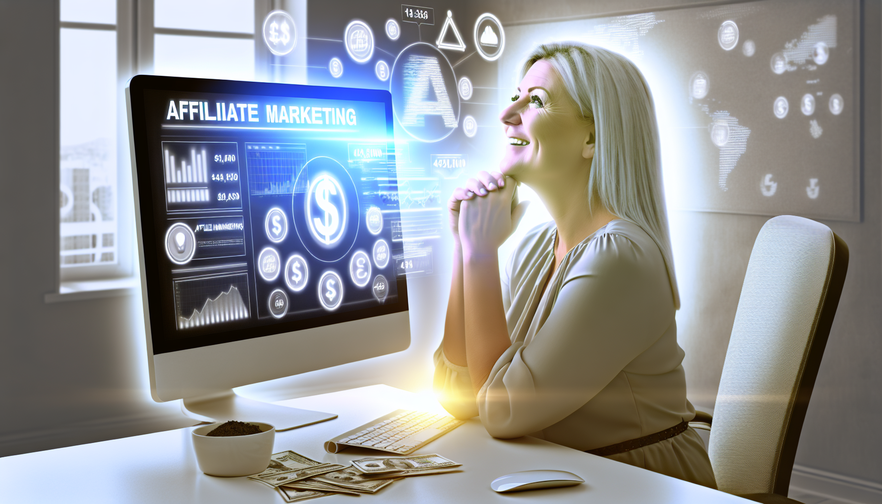 Erstellen Sie ein Bild, das das Konzept des Geldverdienens online durch Affiliate-Marketing darstellt. Zeigen Sie eine engagierte, kaukasische Frau, die an einem Schreibtisch sitzt, während ein Computer ein Dashboard zur Verfolgung von Affiliate-Verkäufen anzeigt. Der Computerbildschirm ist in ein sanftes, einladendes Licht getaucht, das sich auf ihrem zufriedenen Gesicht widerspiegelt. Verschiedene Elemente des digitalen Marketings wie Diagramme, Grafiken, Klickrate und Konversionsmetriken sind auf dem Bildschirm sichtbar. Im Raum sind Symbole, die Währungen aus verschiedenen Ländern repräsentieren, platziert, um die weltweiten Möglichkeiten darzustellen, die das Online-Geschäft bietet.
