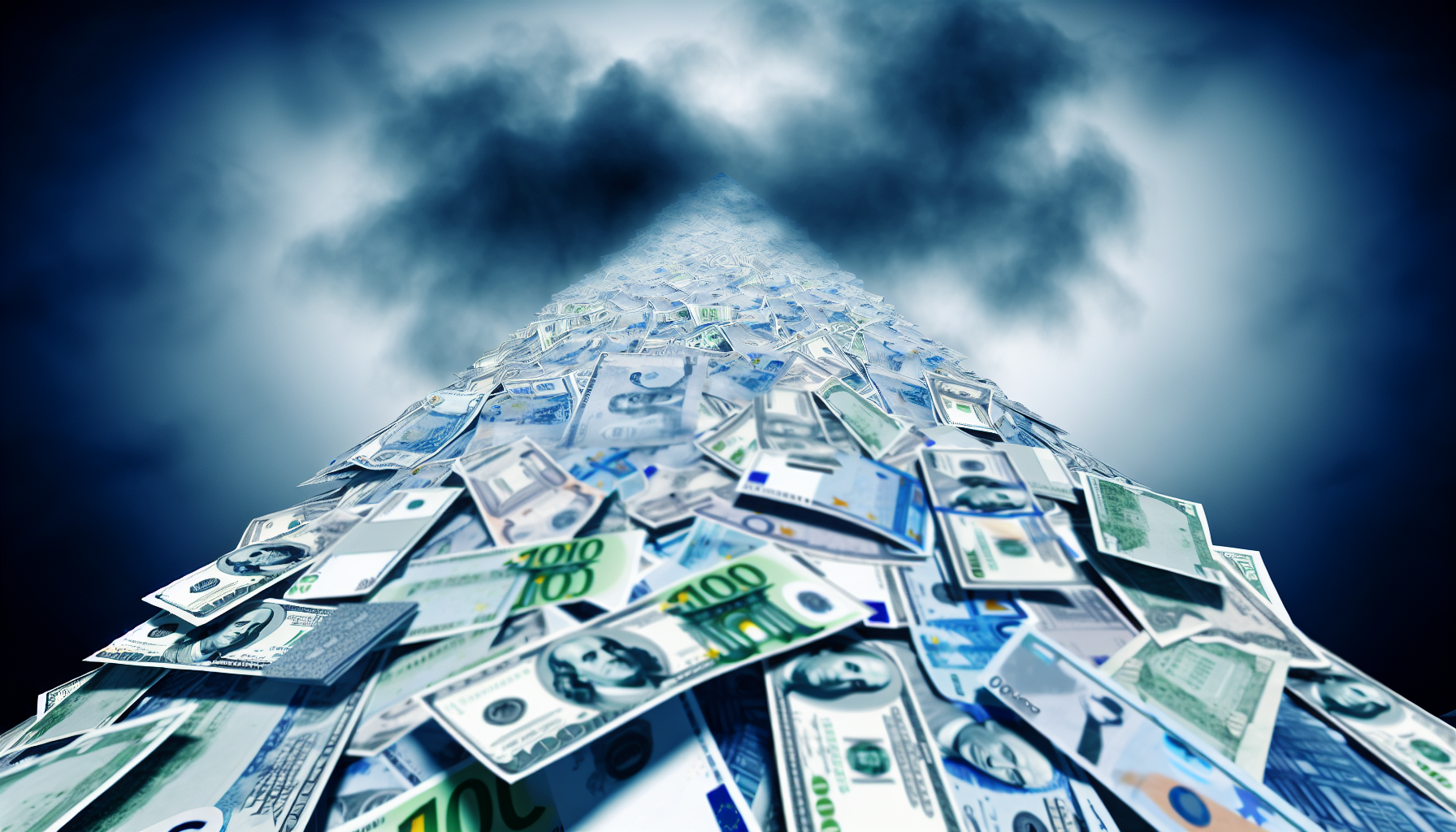 Eine Darstellung eines erschreckend hohen Berges aus Dollar-Bills, Euro-Banknoten und verschiedenen anderen weltweiten Währungen, der erhebliche Schulden repräsentiert. Der Gipfel dieses metaphorischen Berges scheint in den bedrohlichen Wolken darüber verloren zu sein, was den Druck und die Angst symbolisiert, die mit hohen Schulden verbunden sind. Die Szene ist kalt und dunkel, was das Gefühl von finanziellem Stress und Schwierigkeiten weiter unterstreicht. Die Perspektive ist von der Basis des Berges nach oben gerichtet, was die Enormität und Steilheit der finanziellen Schulden betont.