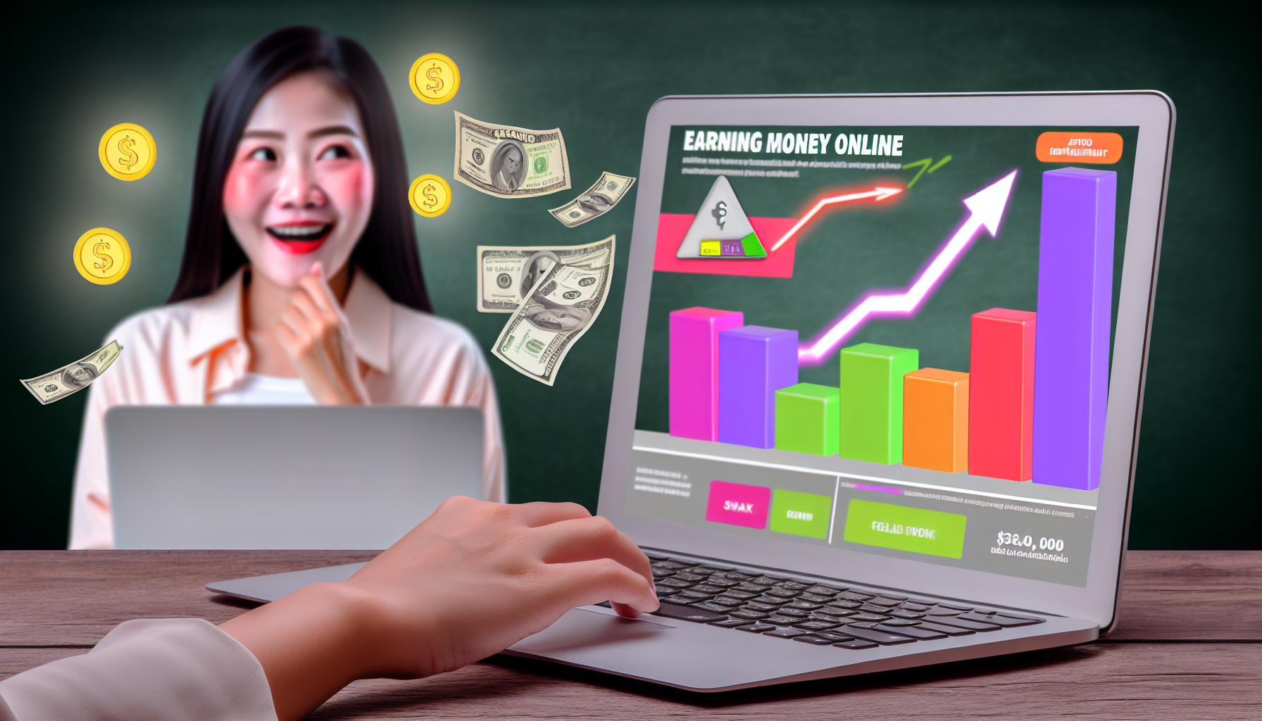 Eine Präsentation, die das Konzept des Geldverdienens online durch Affiliate-Marketing darstellt. Die Szene zeigt einen offenen Laptop auf einer Website, die verschiedene Produkte bewirbt, mit einer Hand, die auf eine Anzeige klickt. Daneben befindet sich ein lebendiges Balkendiagramm, das das Wachstum des Einkommens aus Empfehlungen anzeigt. Auf der anderen Seite steht eine Person, eine asiatische Frau, die glücklich auf die steigenden Zahlen im Diagramm schaut. Im Hintergrund sind ebenfalls Münzen und Dollar-Scheine sichtbar, die den Gewinn symbolisieren.