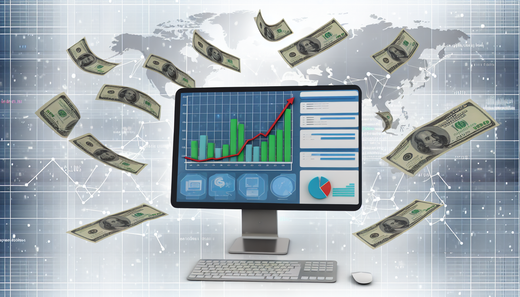 Eine detaillierte Darstellung des Konzepts, online Geld zu verdienen durch Affiliate-Marketing. Zeigen Sie einen Desktop-Computer mit einem Bildschirm, der Diagramme mit steigenden Gewinnen anzeigt. Rundherum schweben einige Dollar-Bills in der Luft, die das Einkommen repräsentieren. Fügen Sie auch Symbole für Verbindungen oder Links hinzu, die die Netzwerke des Affiliate-Marketings symbolisieren. Das Gesamtbild sollte positiv wirken und die potenziellen Vorteile von Online-Geldverdienstrategien veranschaulichen.