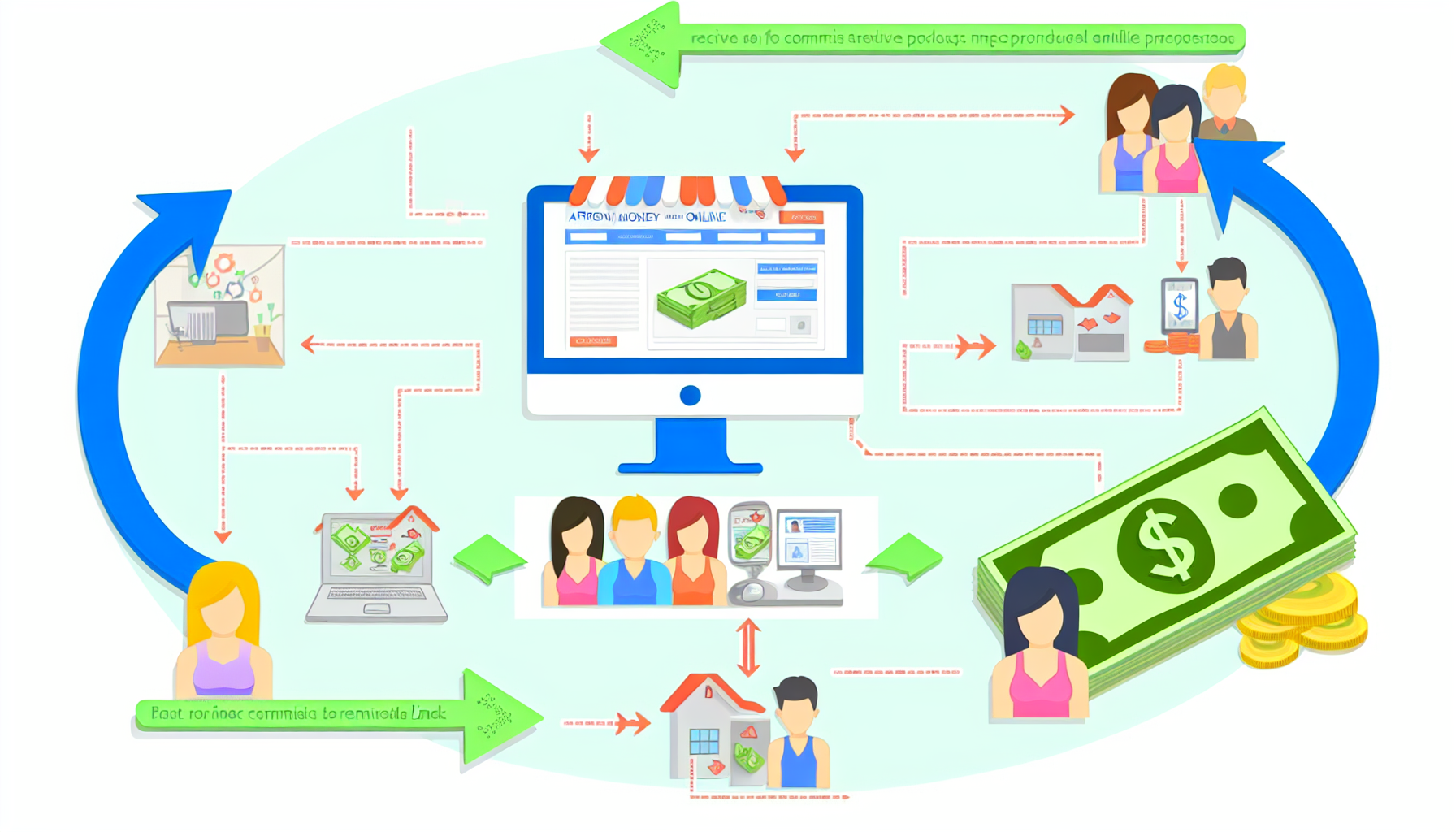 Eine detaillierte Infografik, die den Prozess des Geldverdienens online durch Affiliate-Marketing zeigt. Die Illustration zeigt einen Computer, auf dem eine E-Commerce-Website angezeigt wird, die verschiedene Produkte bewirbt. Eine Reihe von Pfeilen verbindet diese Website mit einer Gruppe von unterschiedlichen Personen, die die Seite nutzen und Provisionen für Produkte erhalten, die über ihre individuellen Empfehlungslinks gekauft werden. Die letzte Phase zeigt eine Person, die glücklich eine elektronische Geldtransaktion als ihr Einkommen erhält. Das Farbschema sollte hell und ansprechend sein, und der Stil einfach, aber informativ, um Klarheit über diesen digitalen Marketingprozess zu bieten.