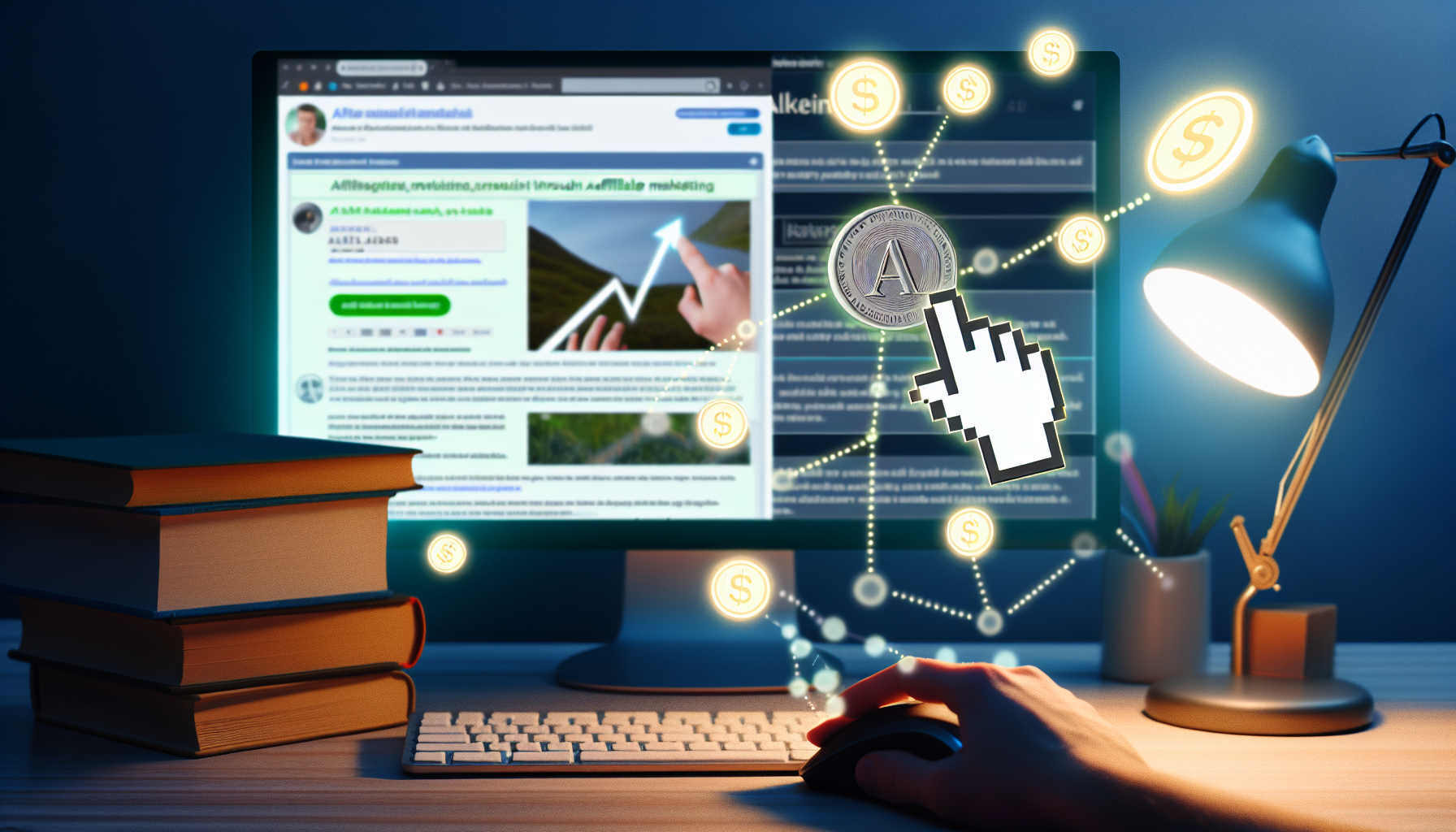 Ein Konzeptvisual, das das Online-Geldverdienen durch Affiliate-Marketing umfasst. In der Mitte des Bildes sieht man einen Benutzer, der mit einer Computermaus auf einen Forenbeitrag klickt. Der Beitrag enthält einen Affiliate-Link zu einem empfohlenen Produkt. An den Seiten fallen digitale Münzen herab, die die Einnahmen aus erfolgreichen Empfehlungen darstellen. Um das Konzept zu verstärken, sind im Hintergrund Bücher über Online-Marketing und ein Diagramm zu sehen, das steigende Gewinne zeigt. Die Szene spielt sich in einem Home-Office ab, das vom sanften Licht einer Schreibtischlampe erleuchtet wird.