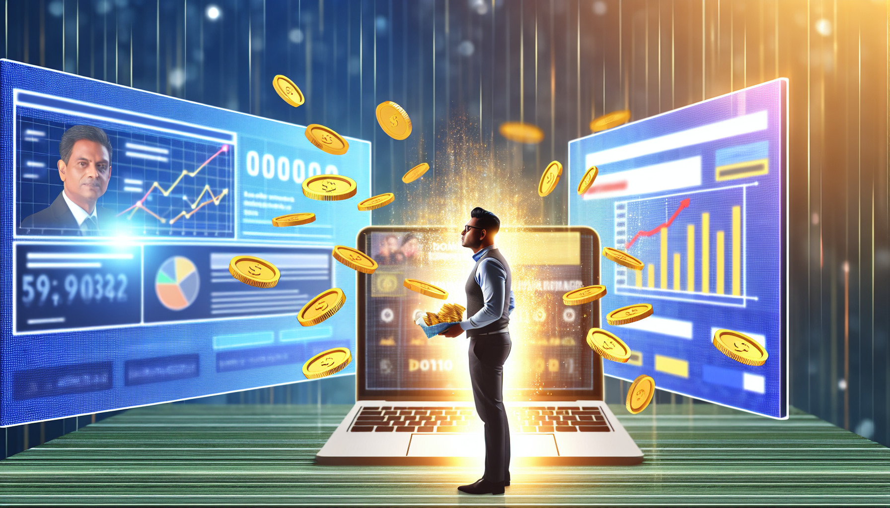 Ein Konzeptkunstwerk, das das Online-Geldverdienen durch Affiliate-Marketing symbolisiert. Die Szene zeigt einen Mann südasiatischer Abstammung vor einem Laptop, auf dessen Bildschirm Grafiken und Statistiken zu sehen sind. Er ist umgeben von digitalen Werbebannern, die verschiedene Produkte repräsentieren. Ein Fluss von Goldmünzen, der von den Bannern in eine digitale Brieftasche fließt, symbolisiert die generierten Einnahmen. Die Atmosphäre ist hell, und der Mann wirkt konzentriert und entschlossen.