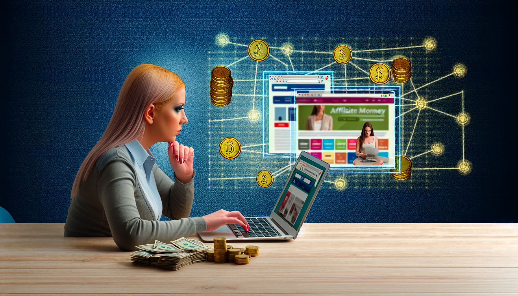 Ein konzeptionelles Bild, das das Verdienen von Geld online durch Affiliate-Marketing darstellt. Es zeigt eine kaukasische Frau, die an einem Holztisch sitzt und vertieft in ihren Laptop schaut. Auf dem Laptop-Bildschirm sind verschiedene E-Commerce-Websites angezeigt. Neben dem Laptop befindet sich ein Stapel Goldmünzen und Geldscheine, die die Einnahmen und das Konzept des Geldverdienens symbolisieren. Im Hintergrund sind mehrere miteinander verbundene Knoten zu sehen, die das Netzwerk des Affiliate-Marketings symbolisieren.