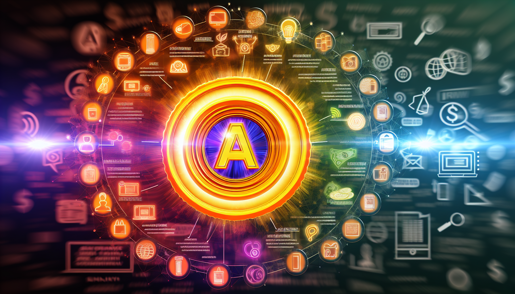 Eine energetische Grafik, die das Konzept des Geldverdienens online durch Affiliate-Marketing veranschaulicht. In der Mitte befindet sich eine leuchtende, strahlende Münze, die das Online-Einkommen symbolisiert, umgeben von verschiedenen Elementen, die das Affiliate-Marketing repräsentieren. Auf der einen Seite sind Schilder mit verschiedenen Produkten: Elektronik, Modeartikel, Bücher, und auf der anderen Seite ein dynamisches Flussdiagramm, das den Prozess von der Produktwerbung bis zum Verdienen von Provisionen zeigt. Im Hintergrund sind Schilder verschiedener Online-Plattformen wie Websites, Blogs, soziale Medien und Podcasts zu sehen, die unterschiedliche Kanäle für das Affiliate-Marketing widerspiegeln.