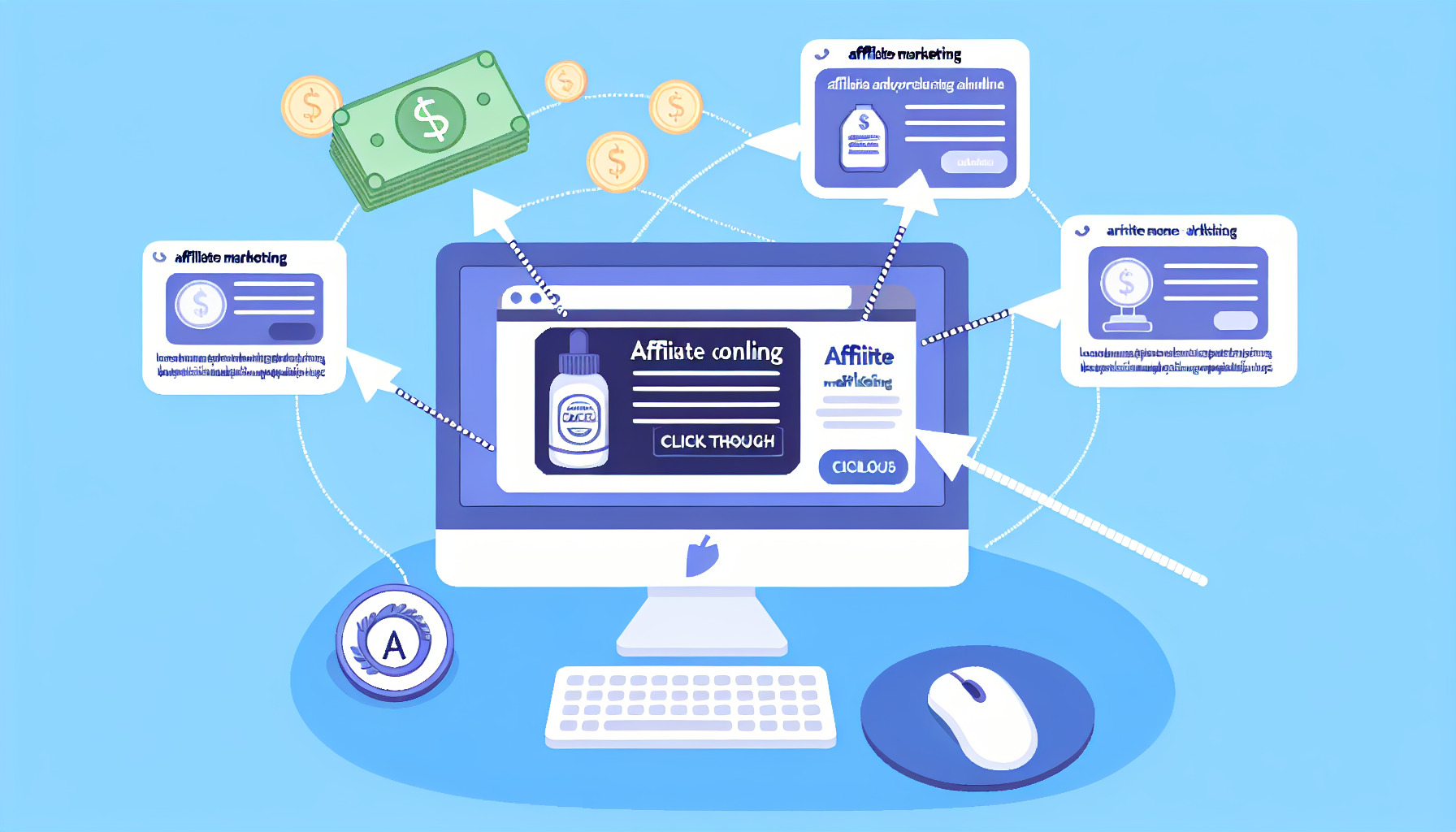 Eine Illustration, die das Konzept des Geldverdienens online durch Affiliate-Marketing veranschaulicht. Das Bild zeigt einen vereinfachten Computerbildschirm, der eine Anzeige für ein Produkt darstellt. Es sind auch Klick-Links zu der Website des Produkts zu sehen, sowie virtuelles Geld, das um den Computer schwebt und eine visuelle Darstellung der generierten Einnahmen bietet. Bitte fügen Sie Texte wie 'Affiliate-Marketing' und 'Online Geld verdienen' hinzu, um den Kontext zu verdeutlichen.