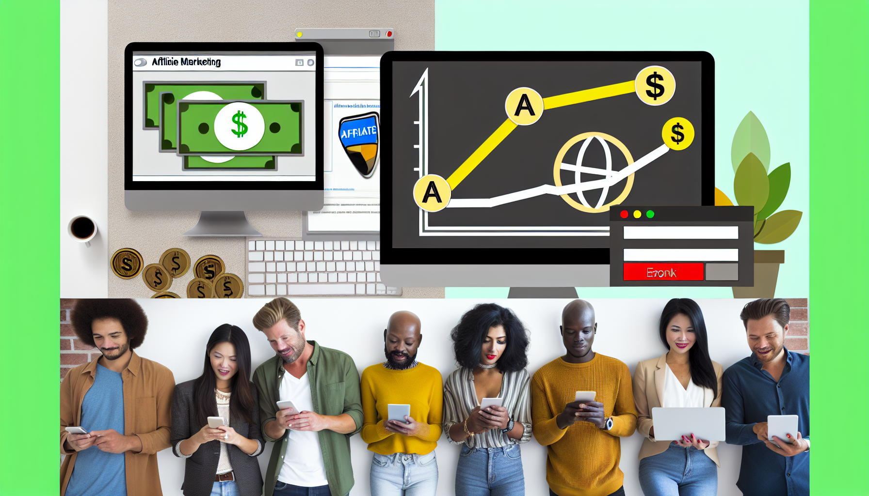 Erstellen Sie ein Bild, das das Konzept des Online-Geldverdienens durch Affiliate-Marketing veranschaulicht. Fügen Sie einen Bildschirm hinzu, der ein Liniendiagramm zeigt, das einen Anstieg des Gewinns darstellt, sowie einen Webbrowser mit hervorgehobenen Affiliate-Links und Währungssymbolen, um die Einnahmen zu kennzeichnen. Stellen Sie außerdem eine vielfältige Gruppe von Menschen unterschiedlicher Herkunft (schwarz, weiß, südasiatisch, hispanisch) dar, die ihre Computer oder Smartphones benutzen, um die weltweite Natur des Affiliate-Marketings zu symbolisieren.