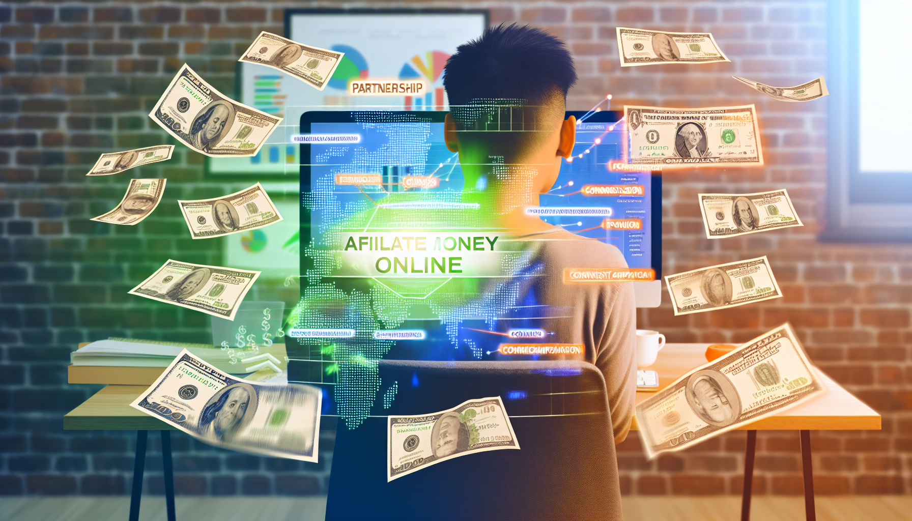 Erstellen Sie ein Bild, das das Konzept des Geldverdienens online durch Affiliate-Marketing darstellt. Zeigen Sie eine Person asiatischer Abstammung, die an einem Computer sitzt. Der Computerbildschirm zeigt Grafiken und Diagramme, die auf den Erfolg im Affiliate-Marketing hinweisen. Dollarnoten schweben um die Person herum und symbolisieren das Einkommen aus Affiliate-Marketing. Die Bilder auf dem Computerbildschirm enthalten Schlüsselwörter, die mit Affiliate-Marketing verbunden sind, wie 'Partnerschaft', 'Klicks', 'Marketingkampagne', 'Verkäufe', 'Provision' und 'Konversionsrate'. Die gesamte Atmosphäre ist hell und optimistisch, voller Farben, die mit Wachstum und Positivität assoziiert werden.