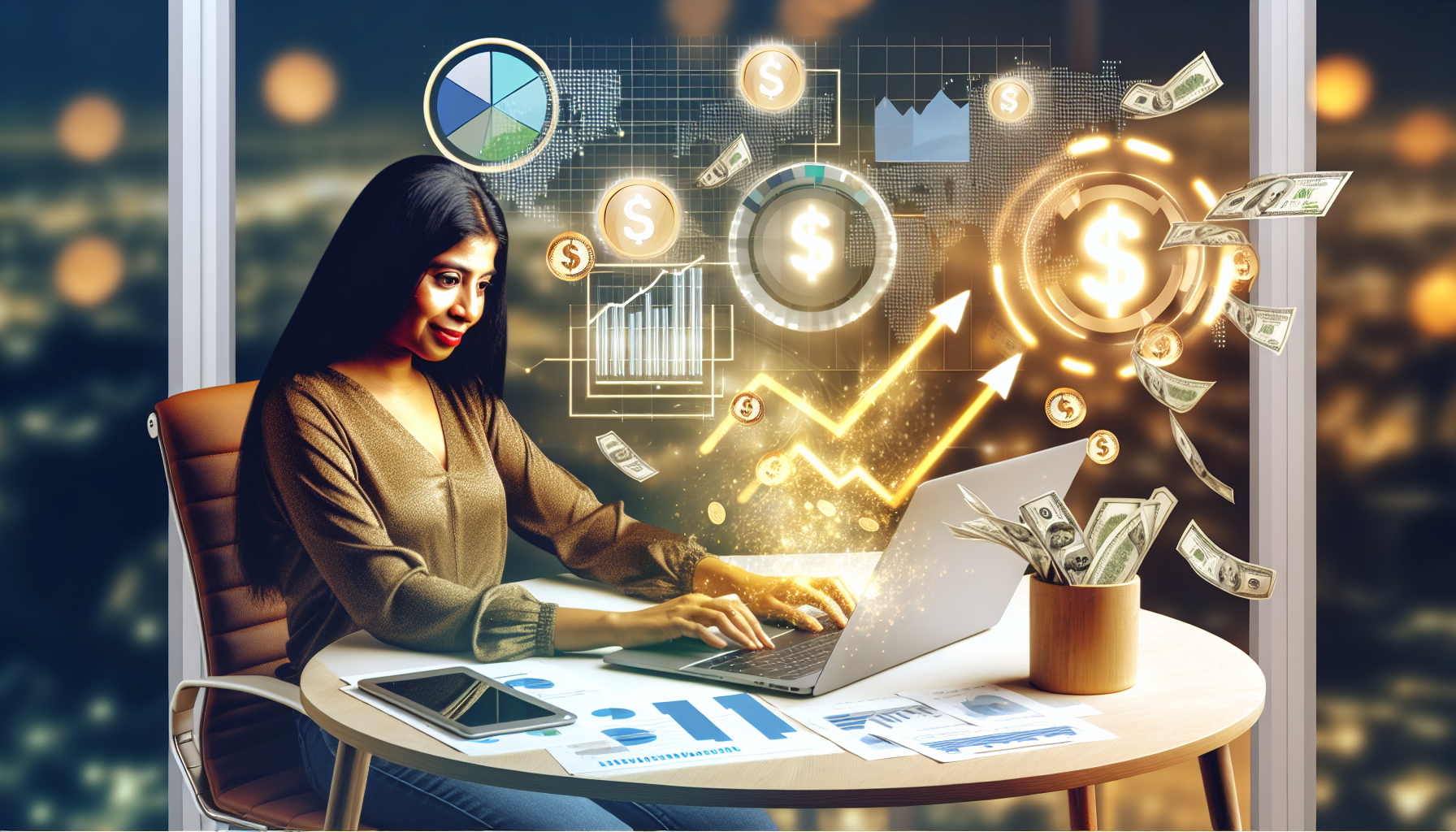 Ein Bild, das das Konzept des Geldverdienens online durch Affiliate-Marketing darstellt. Zeigt eine hispanische Frau, die an einem modernen Arbeitsplatz sitzt und an einem Laptop arbeitet. Der Bildschirm des Laptops zeigt verschiedene Grafiken und Diagramme, die erfolgreiche Affiliate-Marketing-Strategien anzeigen. Münzen und Dollar-Scheine fallen vom Laptop-Bildschirm, was die Einnahmen symbolisiert. Die Szene ist mit goldenem Licht durchzogen, das das profitable Potenzial des Online-Affiliate-Marketings repräsentiert. Um die Idee weiter zu verdeutlichen, sollten einige symbolische Darstellungen wie ein Affiliate-Marketing-Icon, ein Internetsymbol und ein aufwärts gerichteter Pfeil, der Wachstum anzeigt, enthalten sein.