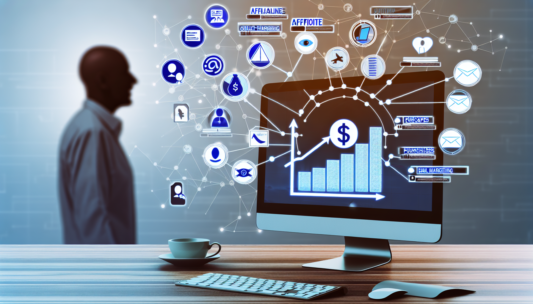 Eine Darstellung des Online-Verdienstes durch Affiliate-Marketing. Zeigen Sie ein digitales Arbeitsplatz-Setup mit einem Computerbildschirm, der ein Diagramm mit steigenden Gewinnen anzeigt, sowie verschiedenen Symbolen, die den Prozess des Affiliate-Marketings darstellen, wie Klicks, Käufe und Einkommensgenerierung. Umgeben Sie den Computer mit anderen symbolischen Elementen des Online-Marketings wie Social-Media-Apps, E-Mail-Marketing und SEO-Tools, die alle auf den Bildschirm zeigen und die Vernetzung der digitalen Marketing-Tools symbolisieren. Fügen Sie auch die Silhouette eines südasianischen Mannes im Hintergrund hinzu, der mit seinem Computer beschäftigt ist; er repräsentiert den modernen Online-Marketer.