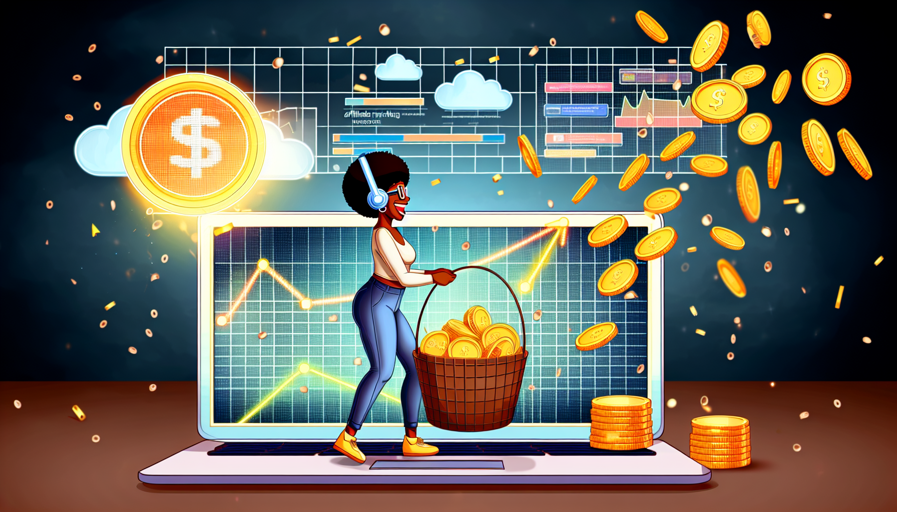 Eine detaillierte Illustration, die das Konzept des Online-Geldverdienens durch Affiliate-Marketing darstellt. Die Szene zeigt einen Laptop, der Grafiken mit Wachstum und Einnahmen anzeigt, während digitale Münzen aus einer Internetwolke herabregnen. Eine Person afrikanischer Abstammung und weiblich fängt freudig die Münzen in einem großen Korb. Sie wird als fleißig, leidenschaftlich und klug dargestellt, mit einem Mikrofon und Kopfhörern, die auf ihre Kommunikation mit potenziellen Kunden hinweisen. Im Hintergrund leuchtet ein übergroßer Affiliate-Marketing-Referral-Link, der symbolisiert, wie dies zu ihren Einnahmen beiträgt.