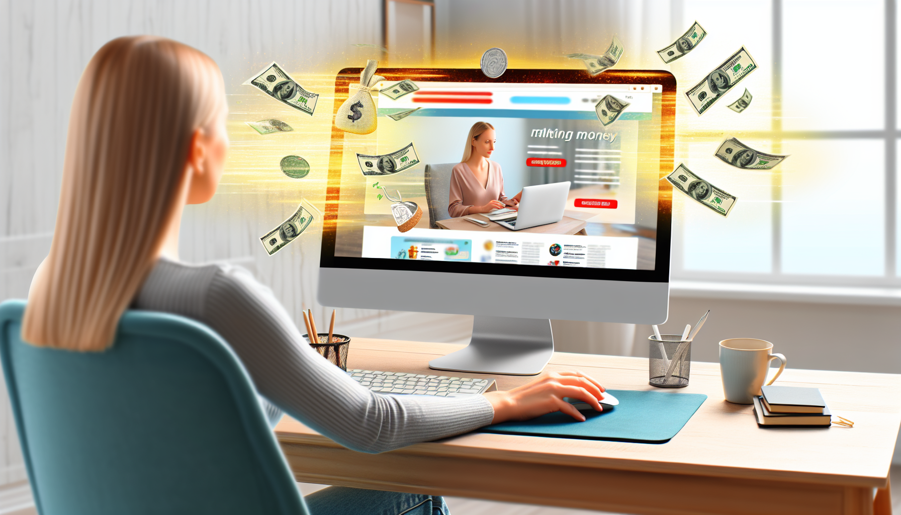 Ein Bild, das das Konzept des Geldverdienens online durch Affiliate-Marketing zeigt. Illustrieren Sie einen Desktop-Computer mit einer Website auf dem Bildschirm, die verschiedene Produkte bewirbt. Stellen Sie Münzen und Banknoten dar, die aus dem Computerbildschirm fließen und das generierte Einkommen symbolisieren. Zeigen Sie auch eine kaukasische Frau, die am Schreibtisch sitzt, sich mit dem Prozess beschäftigt, eine Maus hält und auf den Bildschirm schaut. Der Raum ist modern und hell, mit einer Tasse Kaffee, einem Notizblock und einem Stift auf dem Schreibtisch.