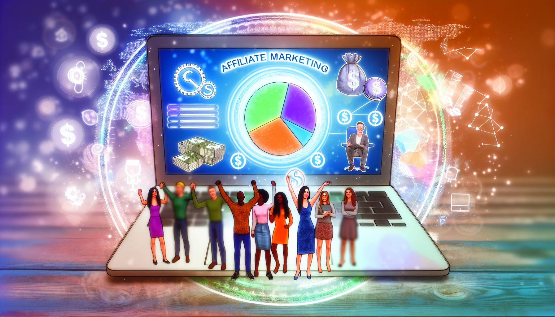 Eine detaillierte Illustration des Konzepts des Affiliate-Marketings als Mittel zum Geldverdienen online. Zeigen Sie einen leuchtenden Laptop-Bildschirm mit einem Tortendiagramm, das verschiedene Provisionsprozentsätze und Geldsymbole anzeigt. Daneben steht eine vielfältige Gruppe von Menschen unterschiedlicher Geschlechter und Herkunft, wie eine schwarze Frau, ein asiatischer Mann und eine hispanische Frau, die begeistert ihre Einnahmen präsentieren. Im Hintergrund sind subtile Elemente eingewoben, die E-Commerce, das World Wide Web und digitale Partnerschaften darstellen. All dies sollte in einem lebendigen, energetischen und bunten Stil dargestellt werden.