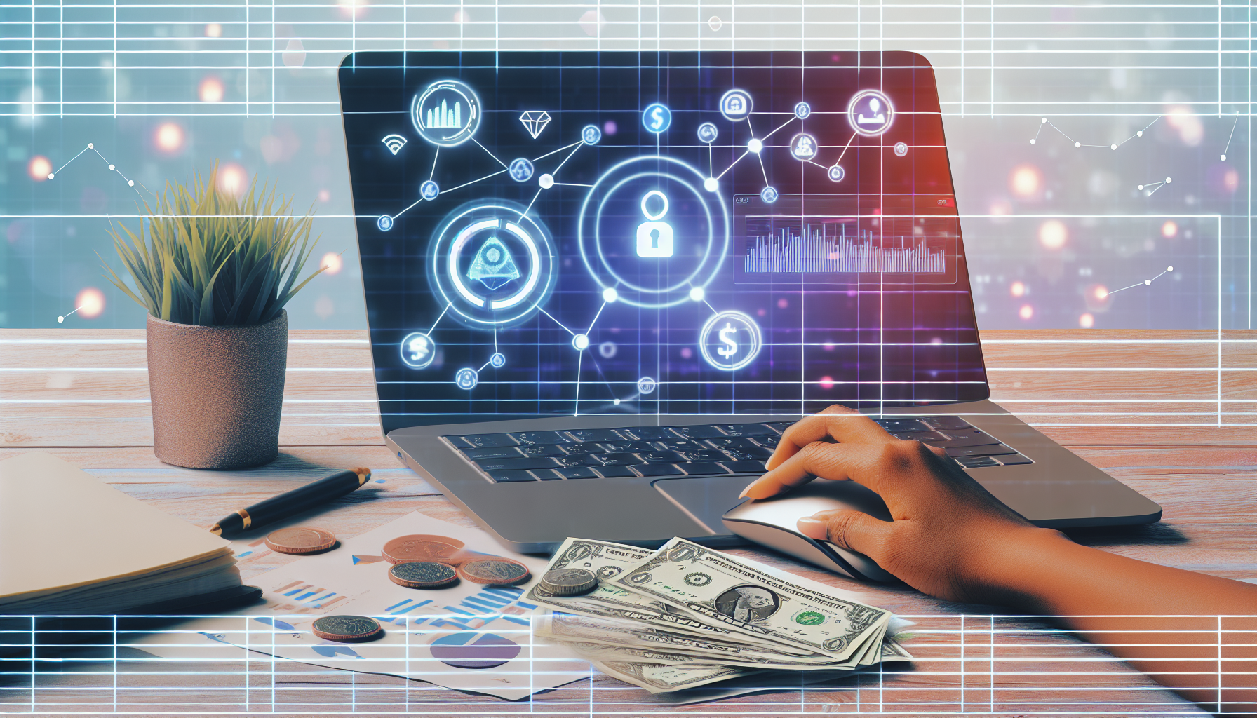Konzeptionelle Darstellung des Geldverdienens online durch Affiliate-Marketing. Stellen Sie sich einen modernen digitalen Arbeitsplatz vor, der einen Laptop mit Grafiken und Diagrammen zeigt, die auf dem Bildschirm Wachstum anzeigen. Der Arbeitsplatz ist zudem mit Geldscheinen, Münzen und einer kleinen Pflanze für eine ästhetische Note dekoriert. Visualisieren Sie eine Frau südasiatischer Abstammung, die mit der Maus klickt, was die Aktion des Ankurbelns von Online-Verkäufen impliziert. Im Hintergrund symbolisieren miteinander verbundene Web- oder Netzwerk-Icons das Affiliate-Marketing.