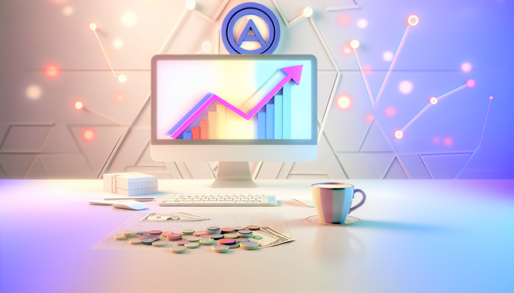Stellen Sie sich einen Computer auf einem weißen Schreibtisch in einem modernen, minimalistischen Arbeitsplatz vor. Der Computerbildschirm zeigt ein buntes Diagramm, das einen Aufwärtstrend anzeigt. Neben dem Diagramm befindet sich ein abstraktes Symbol, das Affiliate-Marketing repräsentiert. Neben der Tastatur liegt ein Stapel Münzen und Papiergeld, der für Online-Einnahmen steht. Das Umgebungslicht verleiht dem Raum einen warmen und einladenden Glanz. Außerdem steht eine Kaffeetasse mit dampfendem heißen Kaffee auf dem Tisch. Die Farben sind hauptsächlich Pastelltöne, die eine ästhetische und saubere Atmosphäre schaffen.