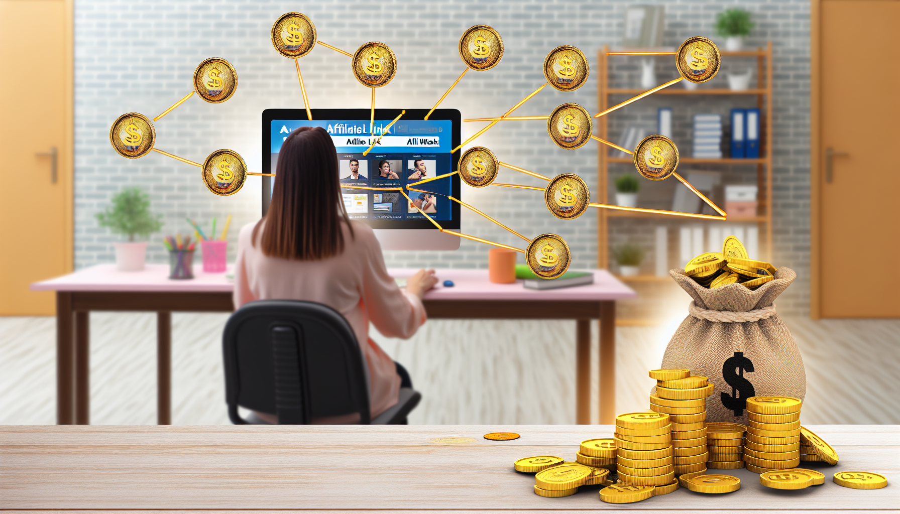 Stellen Sie ein Konzept im Zusammenhang mit Affiliate-Marketing dar. Zeigen Sie eine Person, die an einem Desktop-Computer sitzt und durch eine Website mit verschiedenen Produkten browsed, wobei jedes Produkt mit einem 'Affiliate-Link'-Tag versehen ist. Fügen Sie eine weitere Szene im Bild hinzu, in der ein Stapel goldener Münzen in einer digitalen Geldbörse hinzugefügt wird, was ein Online-Einkommen symbolisiert. Eine Linie, die die Handlung des Teilens des Links mit dem wachsenden Münzstapel verbindet, kann hinzugefügt werden, um das Konzept des Geldverdienens online zu veranschaulichen. Achten Sie darauf, dass alles vor einem sauberen Home-Office-Hintergrund dargestellt wird.