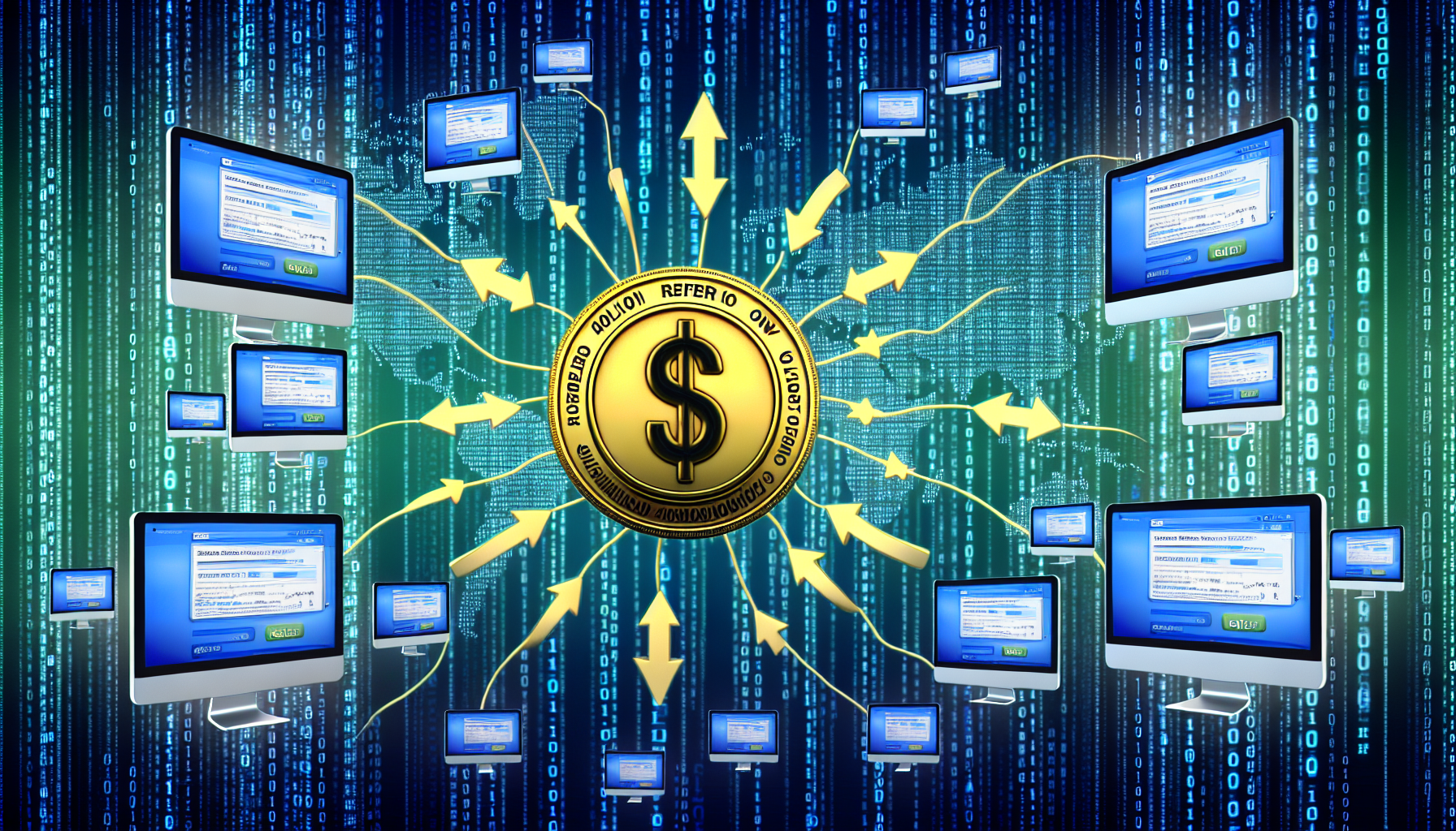 Erstellen Sie ein Bild, das das Konzept des Geldverdienens online durch Affiliate-Marketing visualisiert. Stellen Sie sich eine digitale Illustration vor, die ein riesiges Netzwerk von Computern zeigt, durch das binärer Code über die Bildschirme fließt. Dies repräsentiert das Affiliate-System, das sich global ausbreitet. In der Mitte platzieren Sie eine Goldmünze mit einem Dollarzeichen ($) und Pfeilen, die aus mehreren Richtungen darauf zeigen, um die Online-Einnahmen zu symbolisieren. Vergessen Sie nicht, visuelle Elemente wie Webseiten mit 'Jetzt empfehlen'-Schaltflächen, Online-Werbung und E-Mail-Benachrichtigungen einzufügen, die verschiedene Aspekte des Affiliate-Marketing-Prozesses anzeigen.