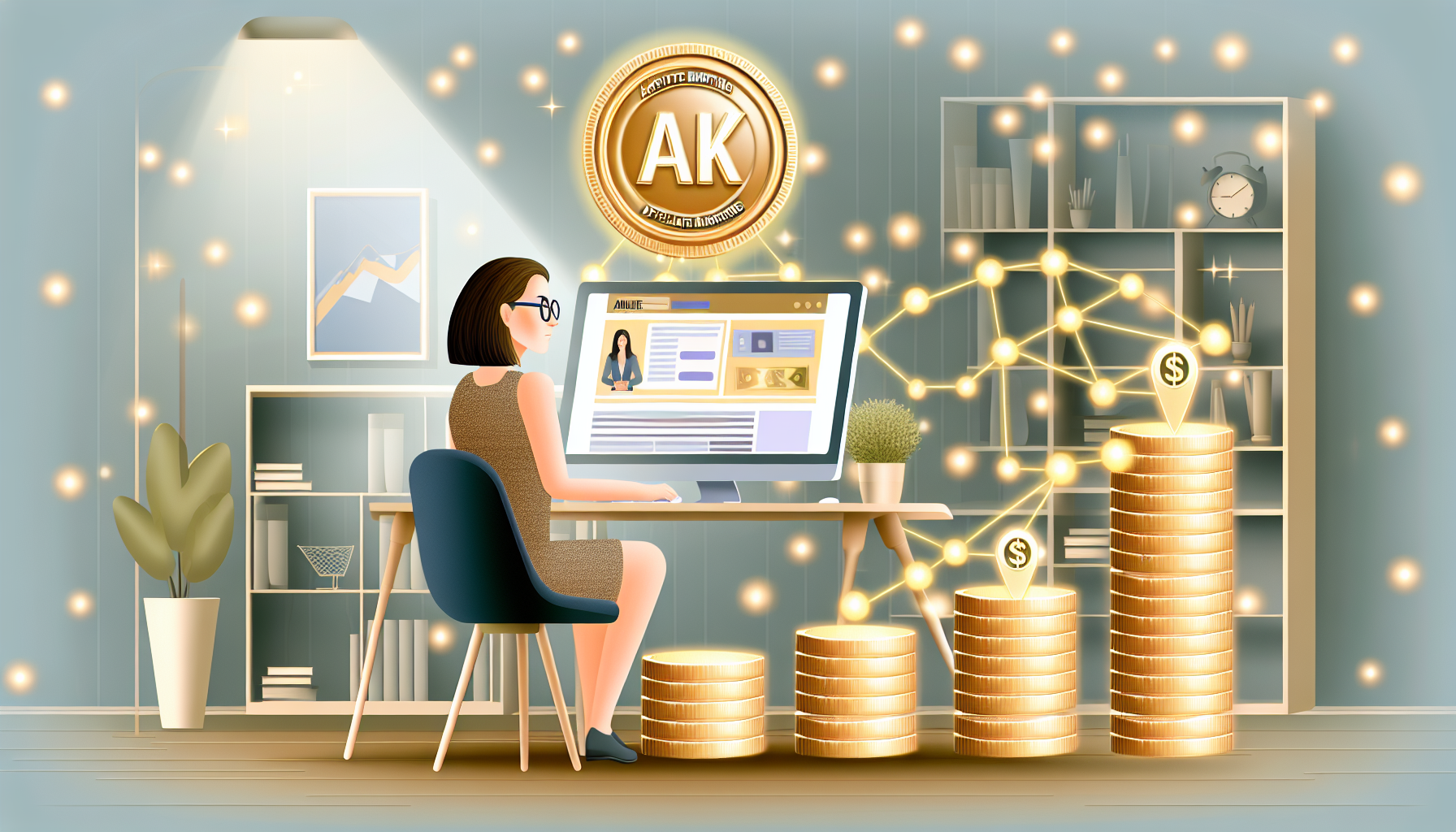 Ein illustratives Bildkonzept, das den Prozess des Geldverdienens online durch Affiliate-Marketing zeigt. Die Darstellung zeigt eine kaukasische Frau, die an einem modernen Schreibtisch sitzt und an einem Computer arbeitet. Auf dem Bildschirm ist eine Website mit verschiedenen Produkten zu sehen, sowie ein goldenes 'Affiliate-Marketing'-Abzeichen, das verlinkte Produkte anzeigt. Neben ihr wachsen Stapel von Münzen in der Höhe, was das Verdienstpotenzial symbolisiert. Der Hintergrund sollte eine Home-Office-Umgebung mit sanfter Beleuchtung, Bücherregalen und Zimmerpflanzen zeigen.