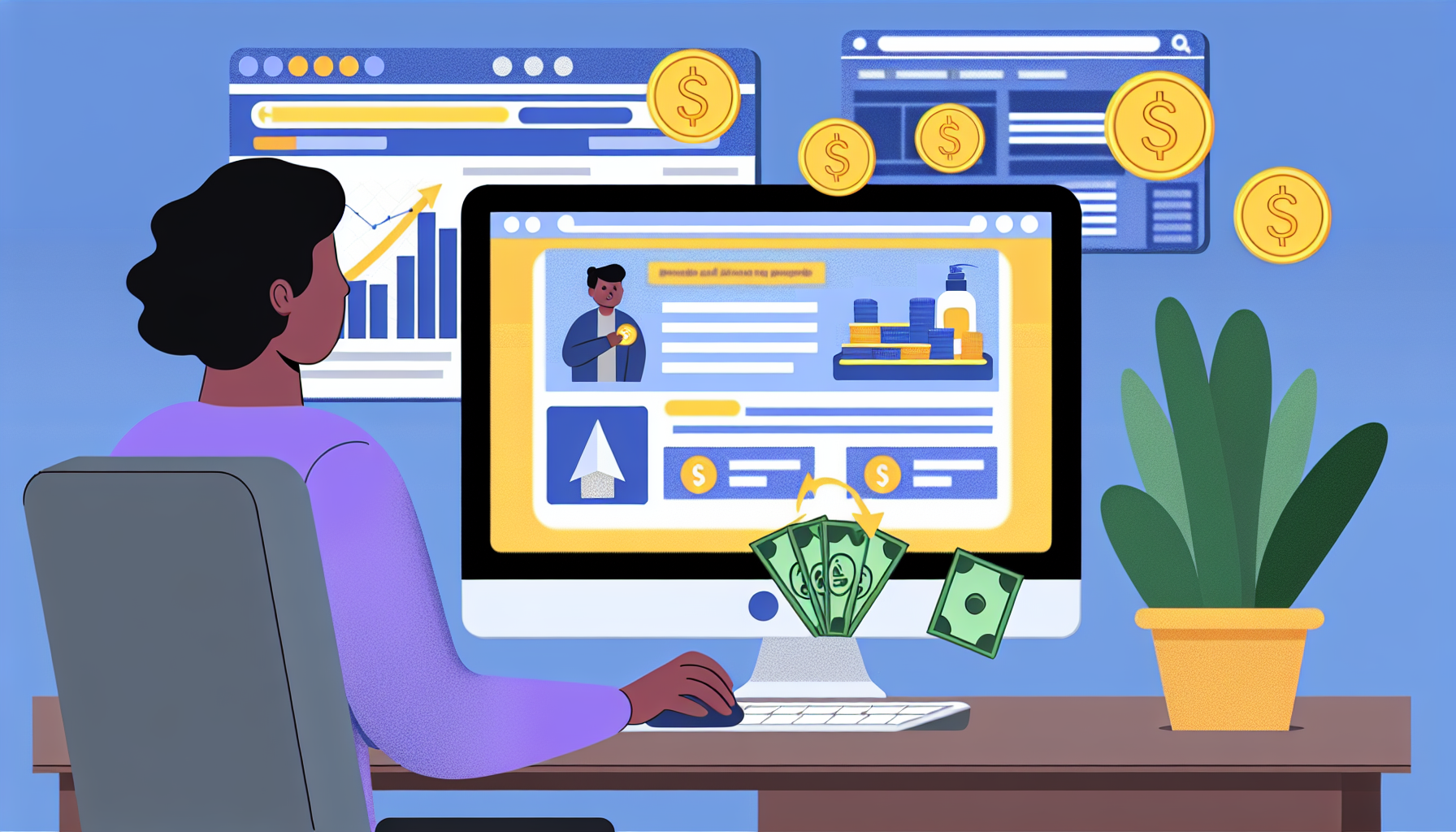 Eine Illustration, die das Konzept des Geldverdienens online durch Affiliate-Marketing darstellt. Das Bild zeigt einen Desktop-Computer mit einer Website auf dem Bildschirm, die verschiedene Produktanzeigen anzeigt. Eine Person hispanischer Abstammung sitzt vor dem Computer und klickt auf die Anzeigen, wobei jeder Klick Münzen oder Dollar-Scheine generiert, die das Einkommen symbolisieren. Im Hintergrund sind Diagramme und Grafiken zu sehen, die das Wachstum der Einnahmen darstellen.