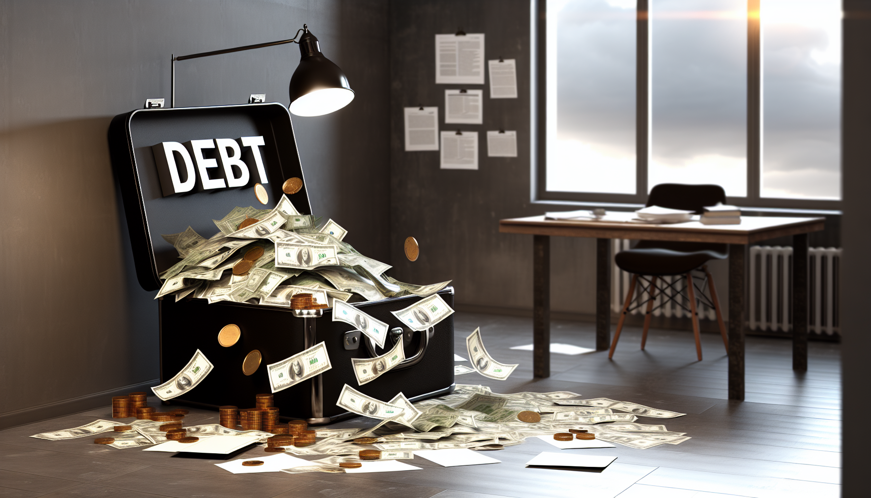 Eine dramatische Visualisierung hoher Schulden. Ein überquellender schwarzer Koffer mit der Aufschrift 'Schulden' spuckt zahlreiche Papiergeldscheine und Goldmünzen aus. Diese überschwemmen ein geräumiges, minimalistisches Büro mit einem Schreibtisch, einem Stuhl und überall verstreuten Dokumenten. Die Szene wird von dem düsteren, schwachen Licht einer vintage Straßenlampe beleuchtet. Draußen am Fenster ist ein stürmischer, trüber Himmel zu sehen, der finanzielle Not und Stress symbolisiert.